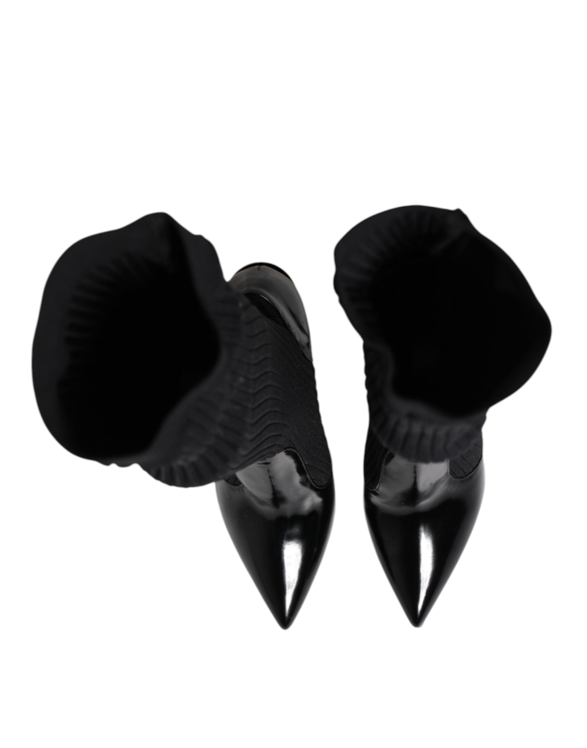 Black Leather Ribbed Knit Knee Boots Shoes - ventzia