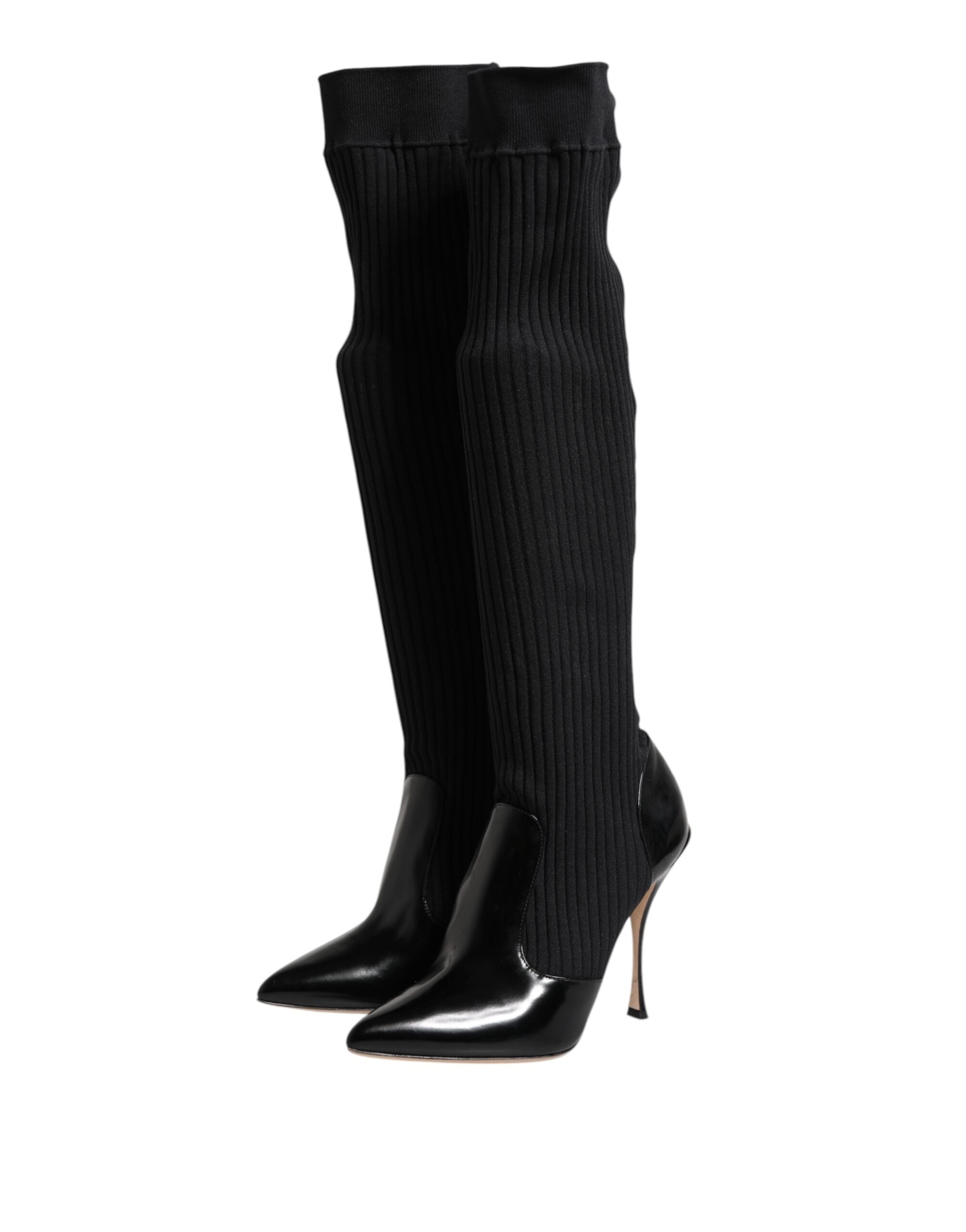 Black Leather Ribbed Knit Knee Boots Shoes - ventzia