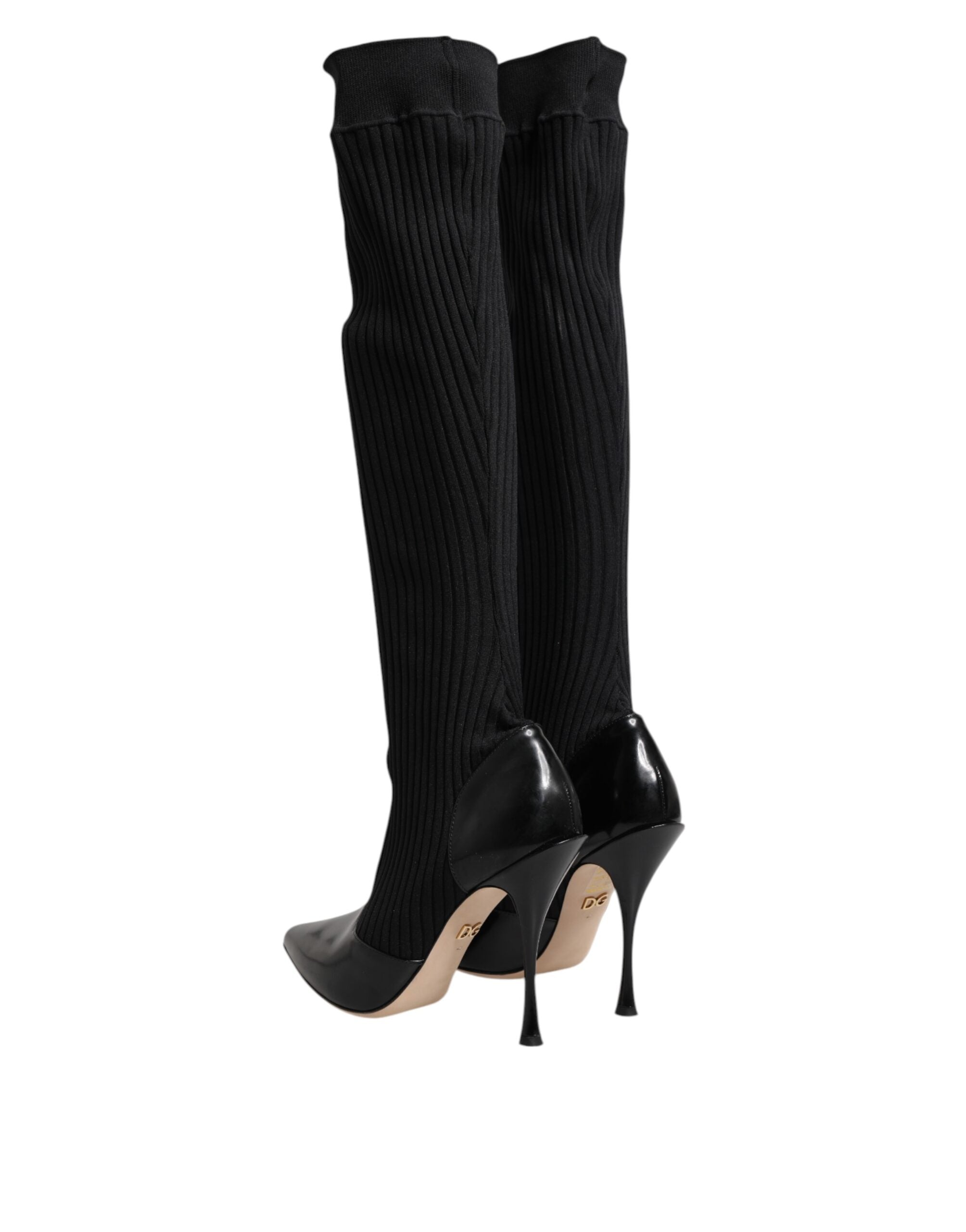Black Leather Ribbed Knit Knee Boots Shoes - ventzia