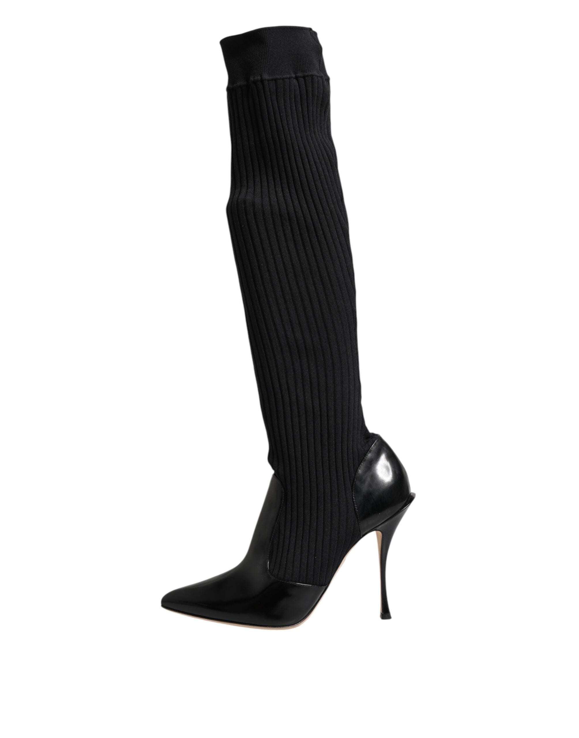 Black Leather Ribbed Knit Knee Boots Shoes - ventzia