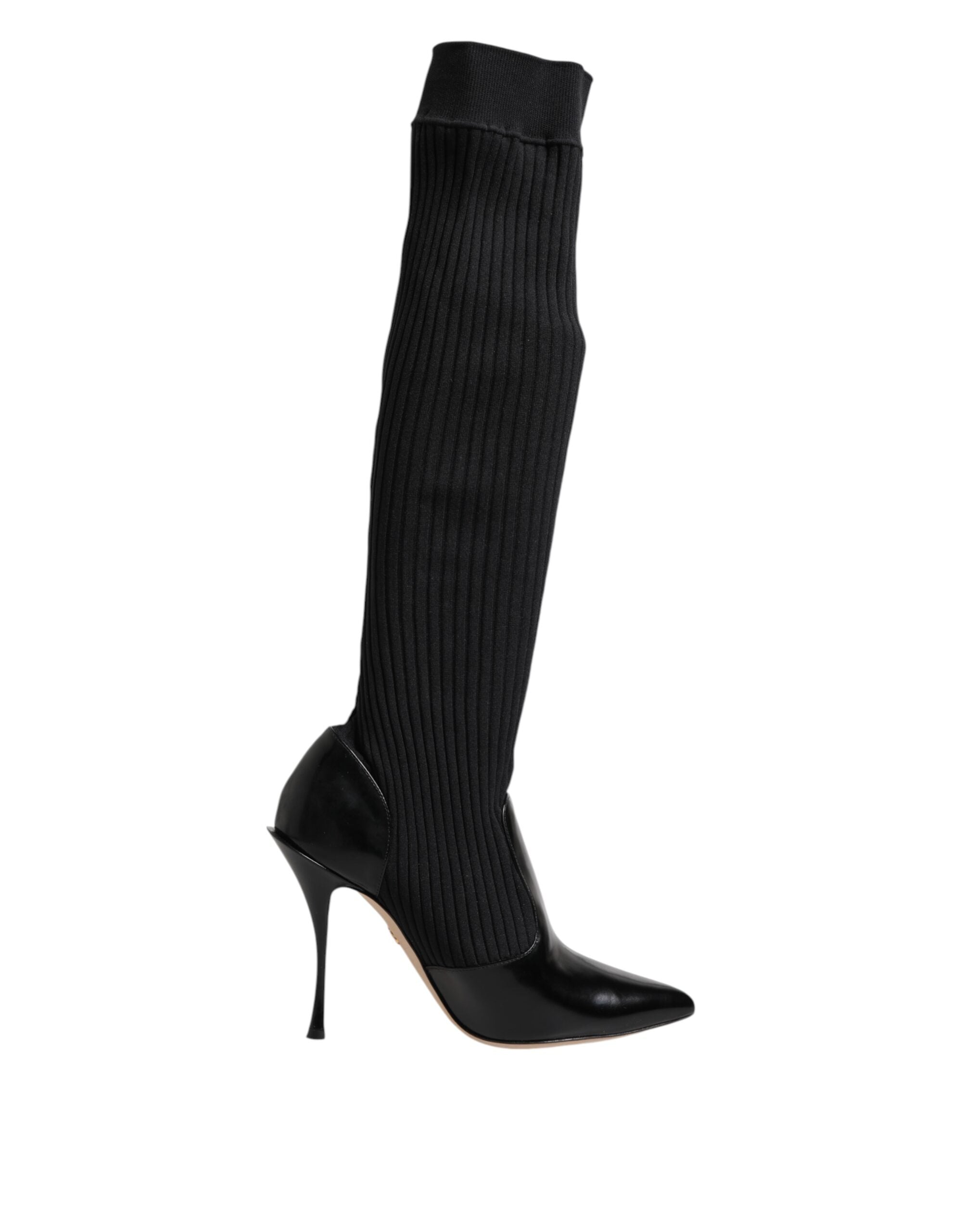 Black Leather Ribbed Knit Knee Boots Shoes - ventzia