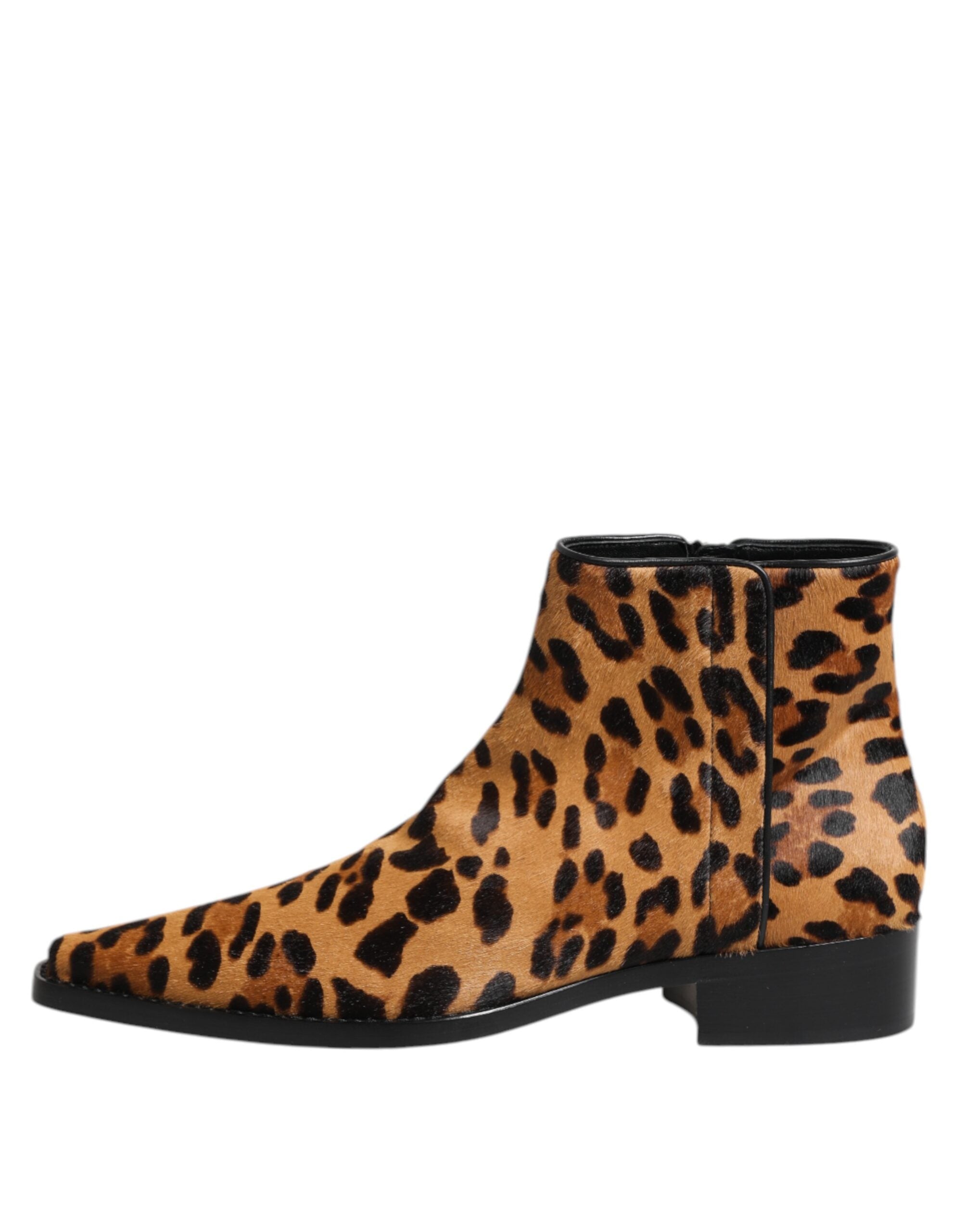 Brown Leopard Calf Fur Ankle Boots Shoes - ventzia