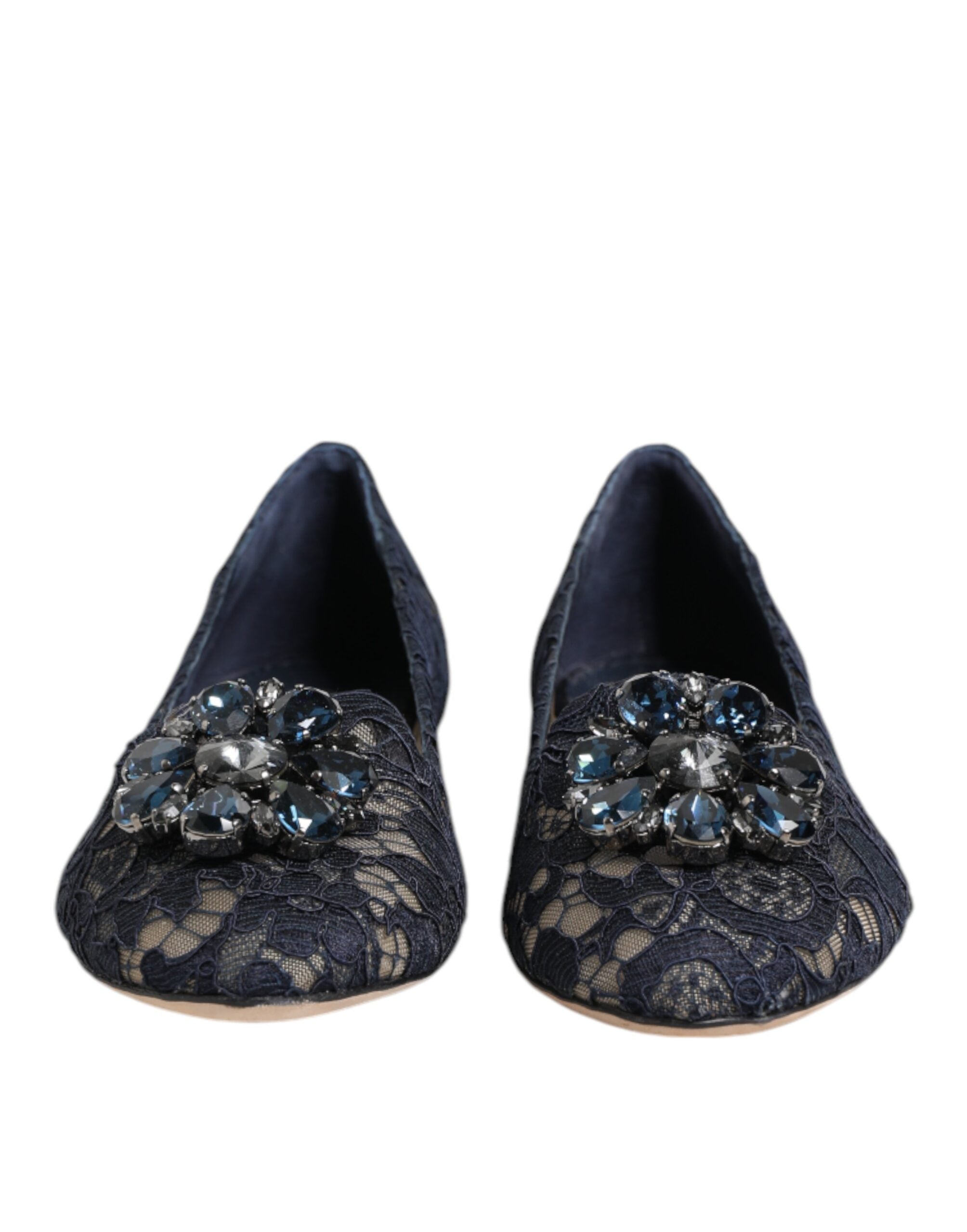 Blue Taormina Lace Crystals Flats Shoes - ventzia