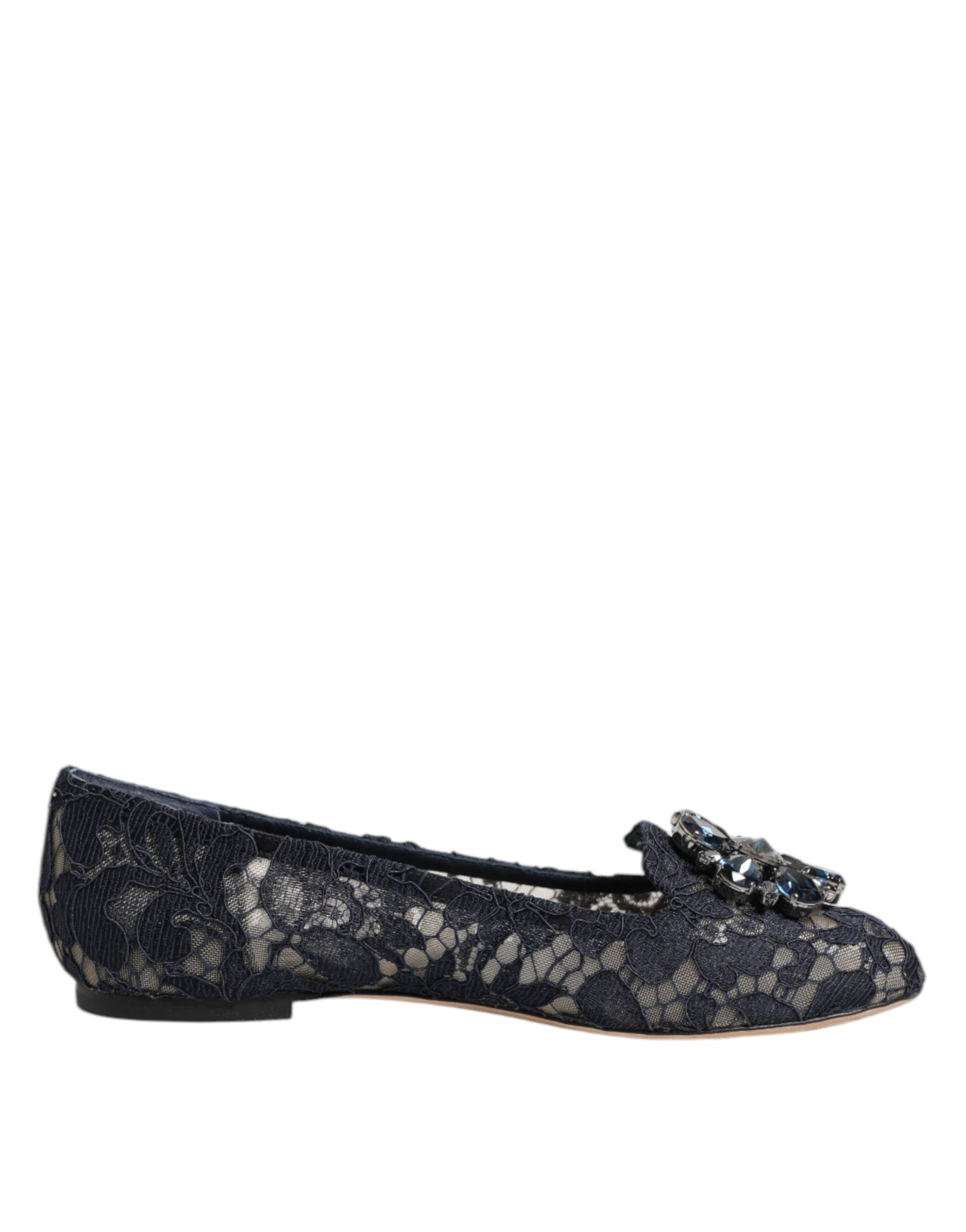 Blue Taormina Lace Crystals Flats Shoes - ventzia