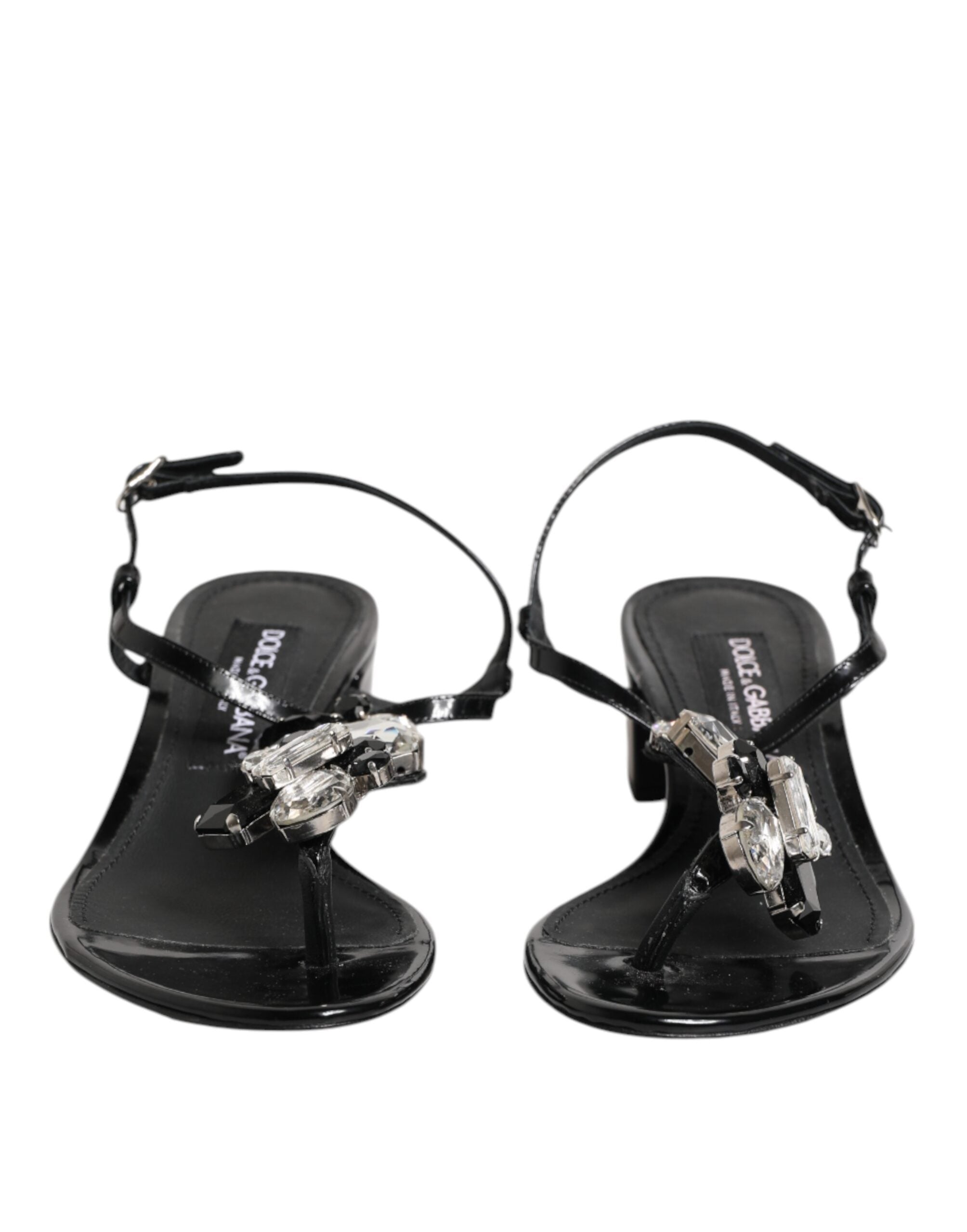 Black Leather Crystal Ankle Strap Sandals Shoes - ventzia