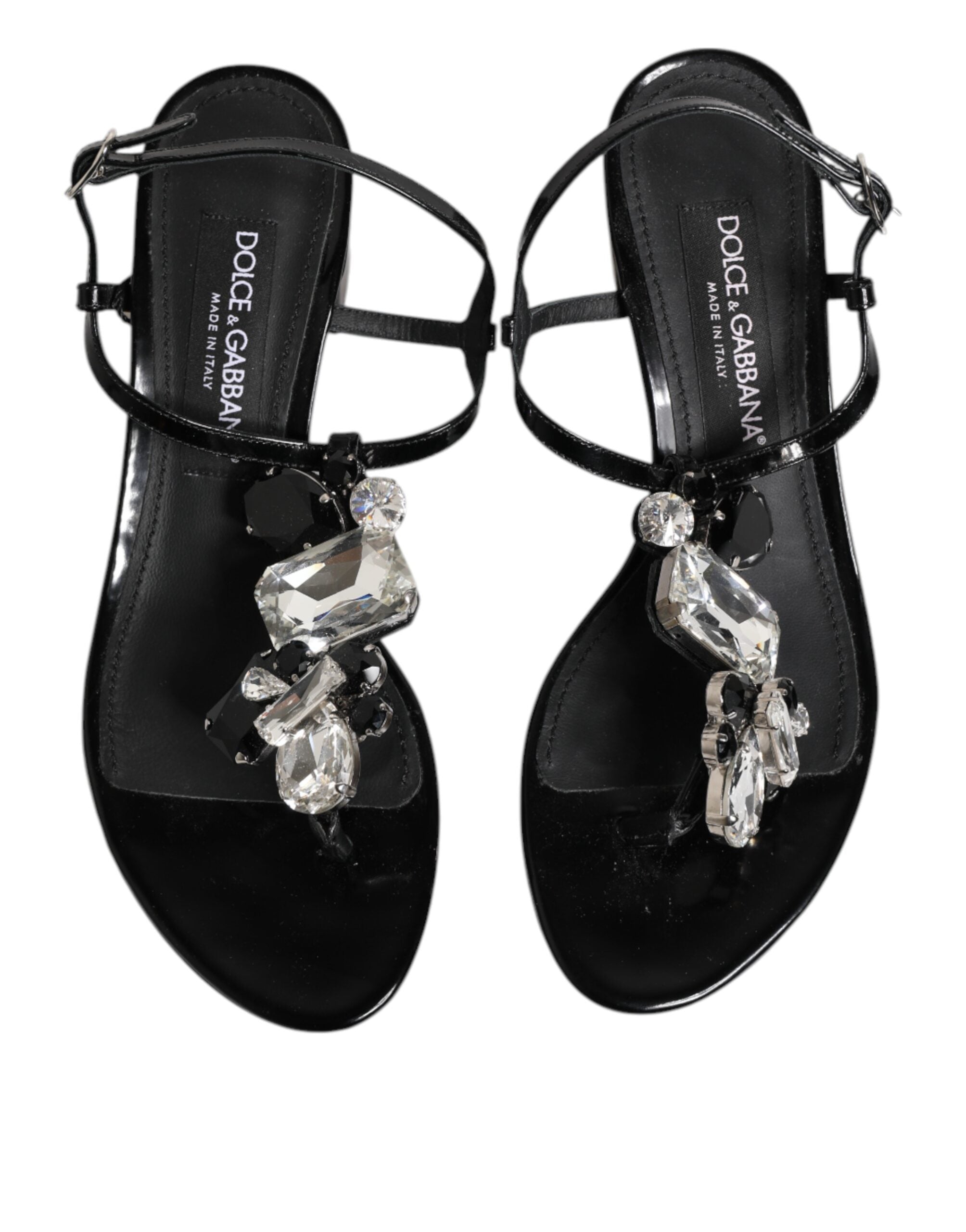 Black Leather Crystal Ankle Strap Sandals Shoes - ventzia