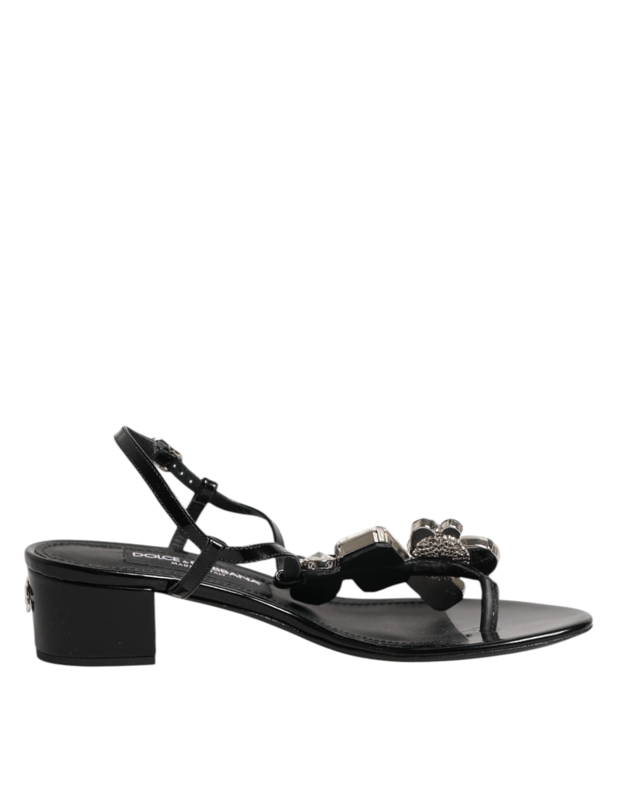 Black Leather Crystal Ankle Strap Sandals Shoes - ventzia