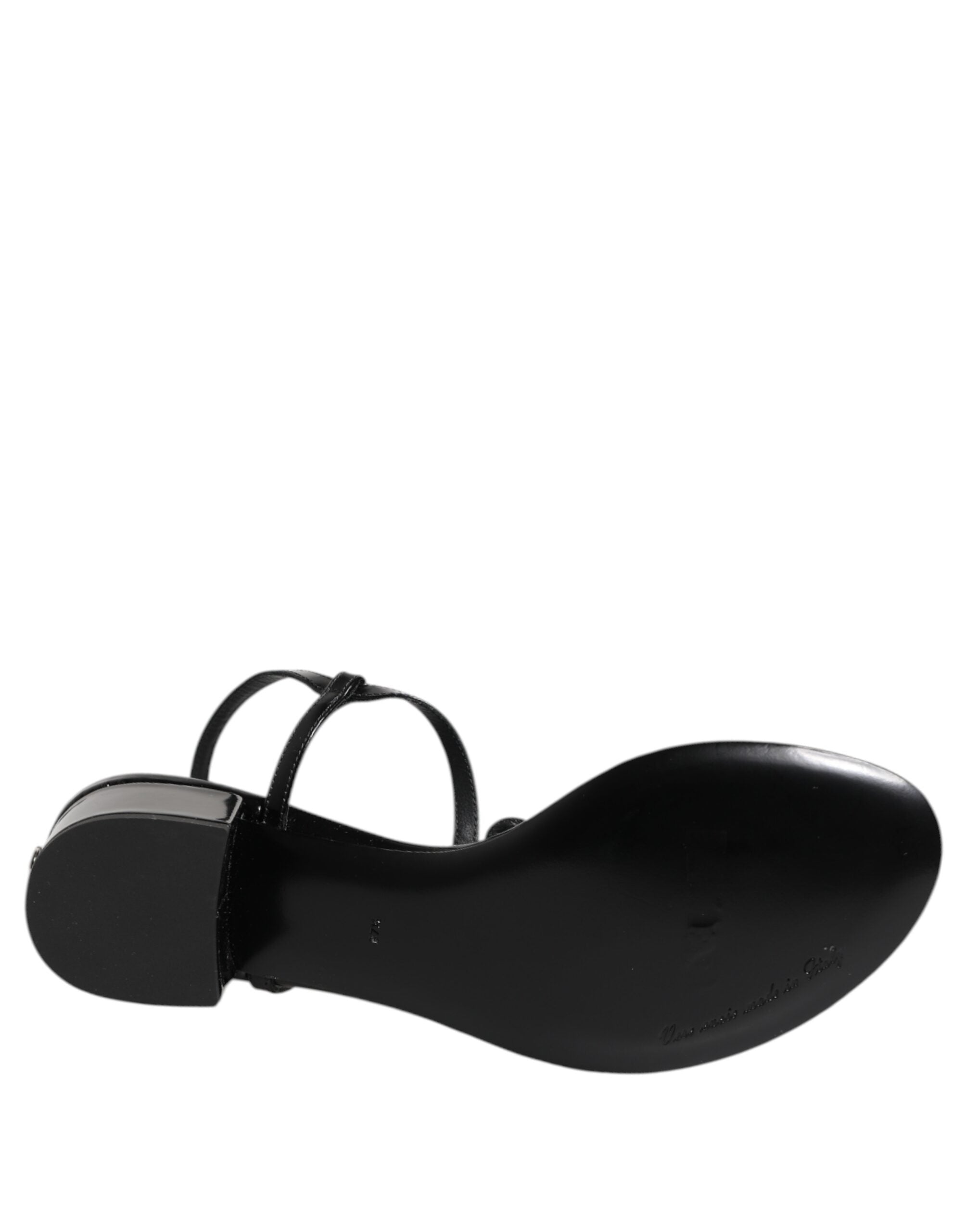 Black Leather Crystal Ankle Strap Sandals Shoes - ventzia