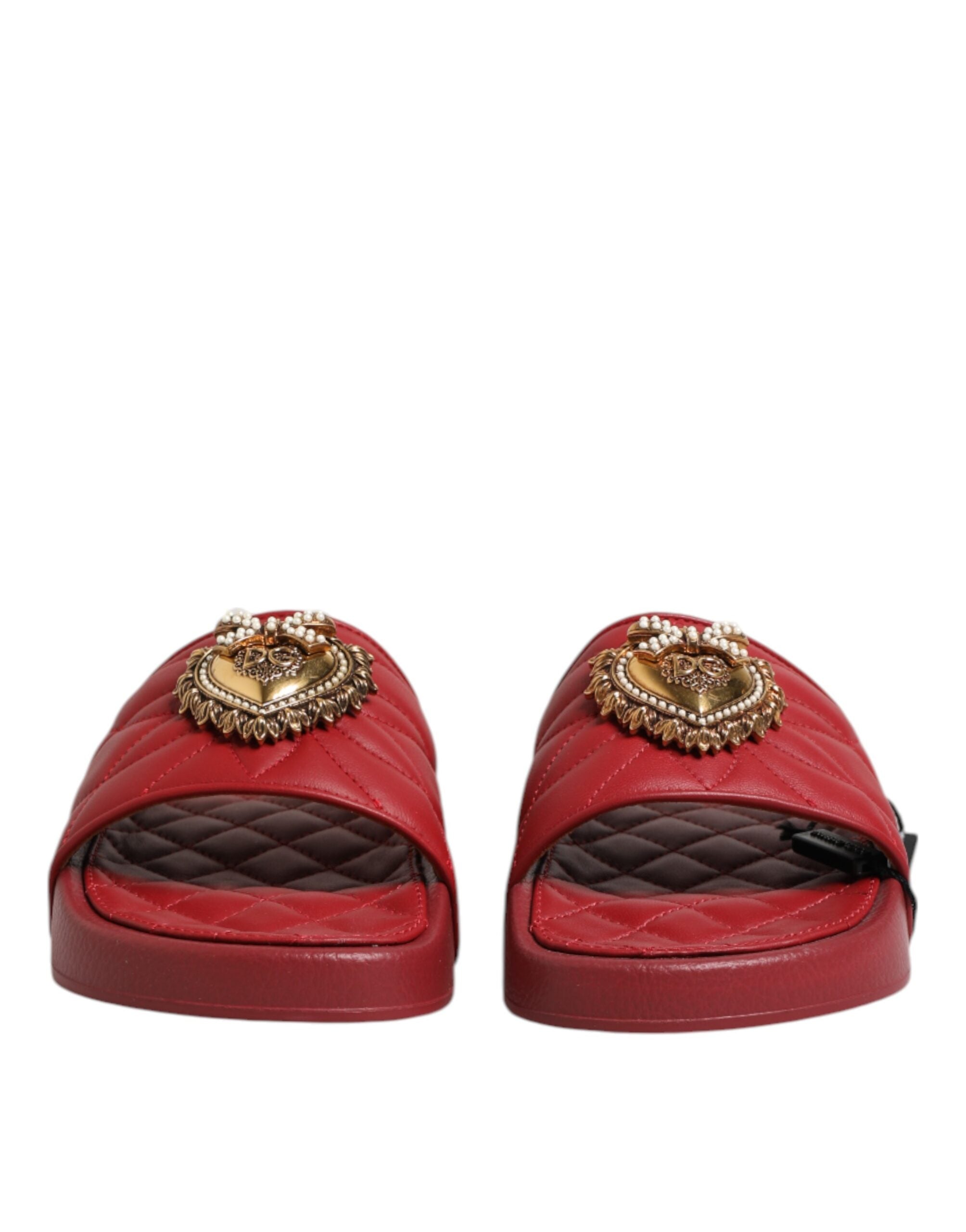 Red Devotion Matelassé Leather Slides Shoes - ventzia