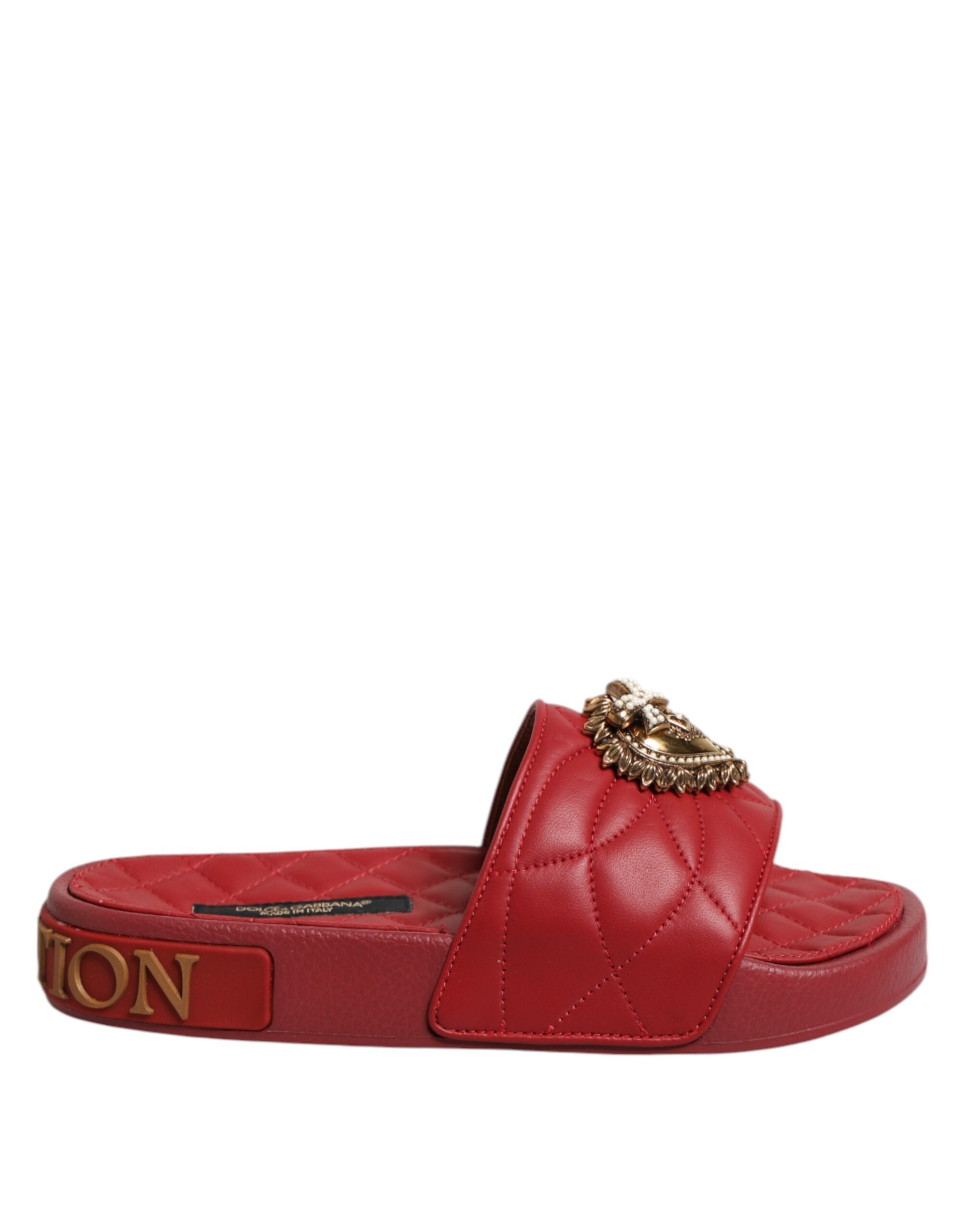 Red Devotion Matelassé Leather Slides Shoes - ventzia