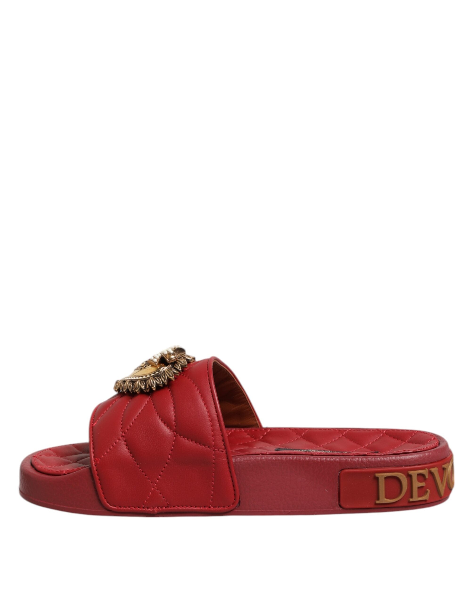 Red Devotion Matelassé Leather Slides Shoes - ventzia