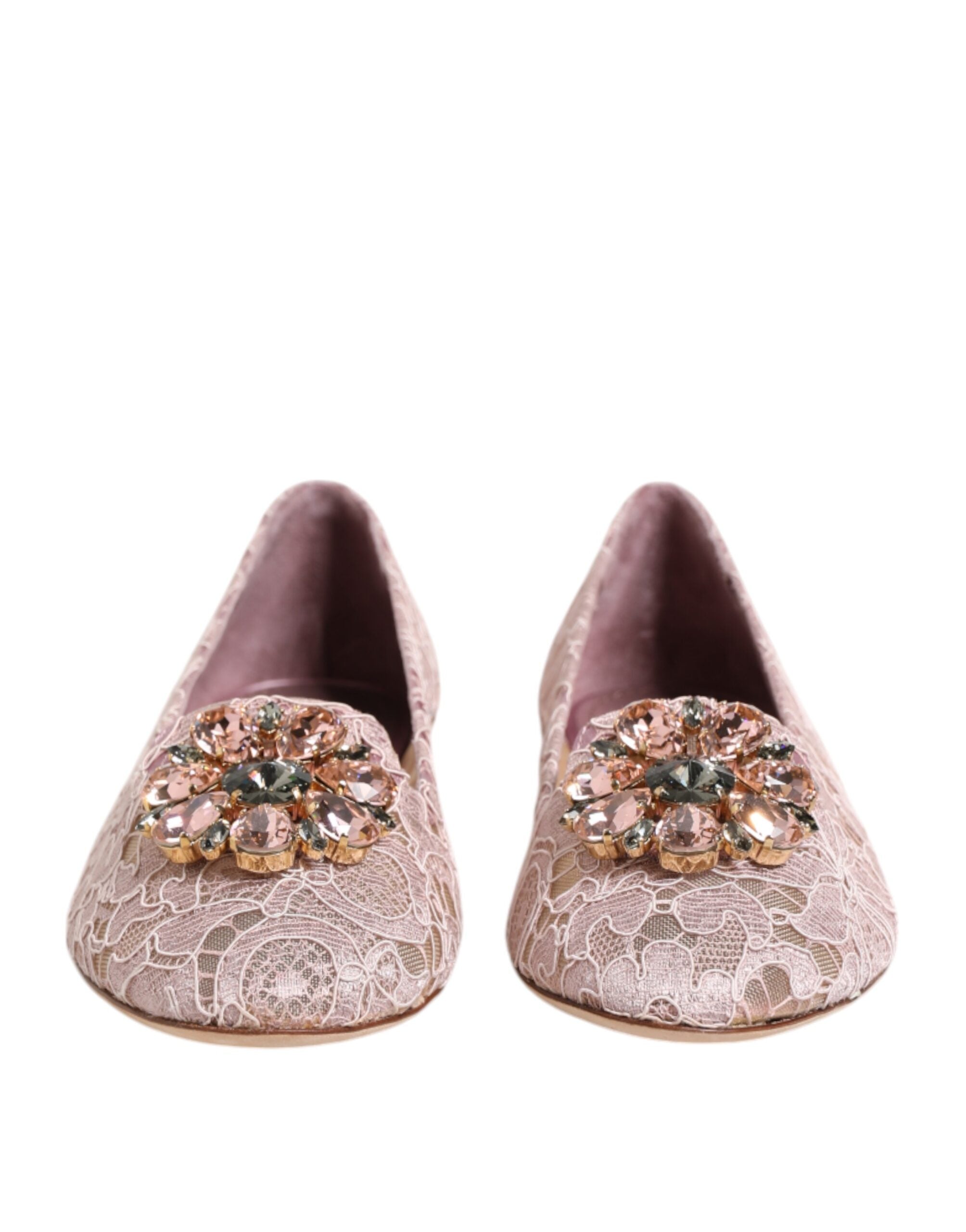 Pink Taormina Lace Crystals Flats Shoes - ventzia