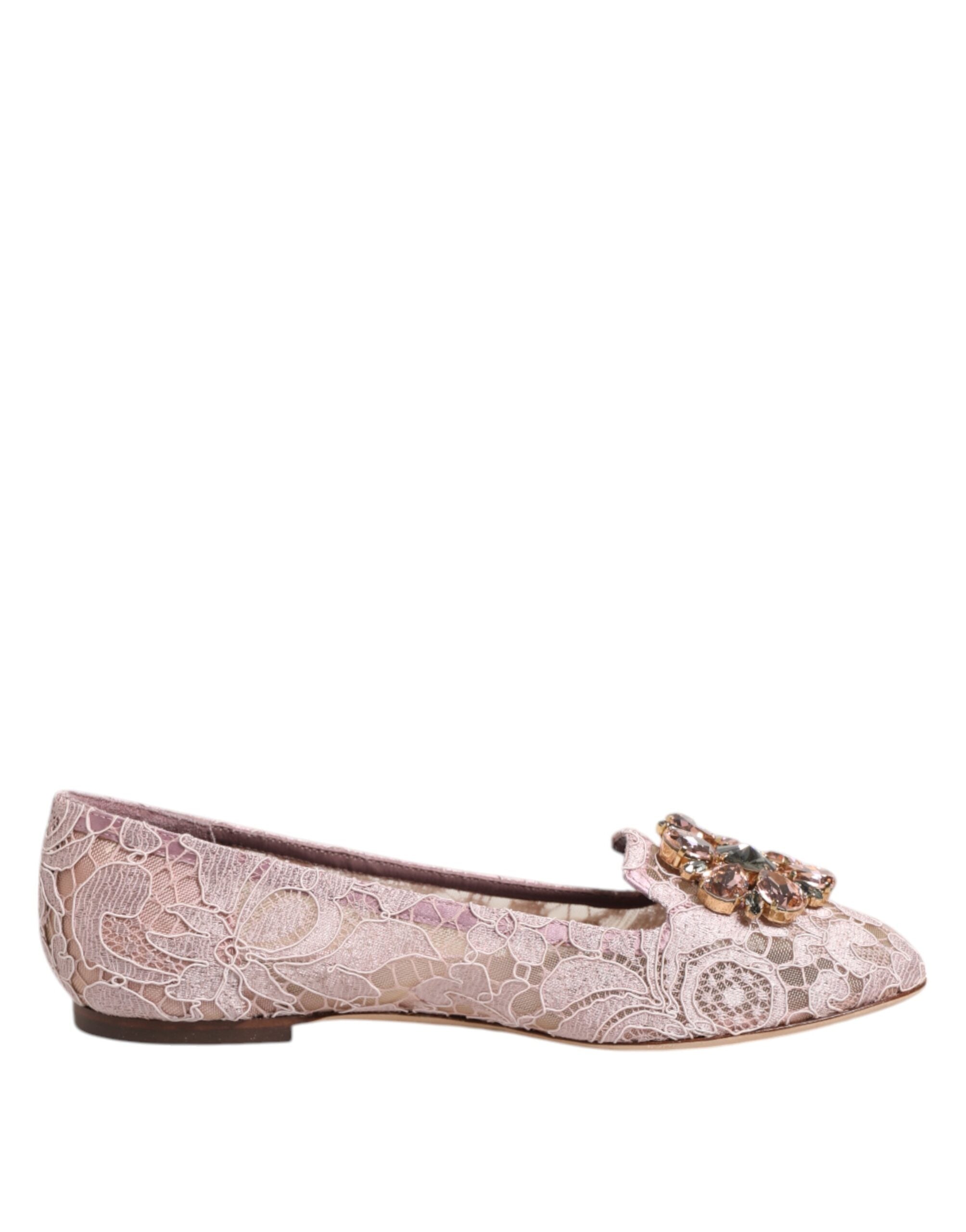Pink Taormina Lace Crystals Flats Shoes - ventzia