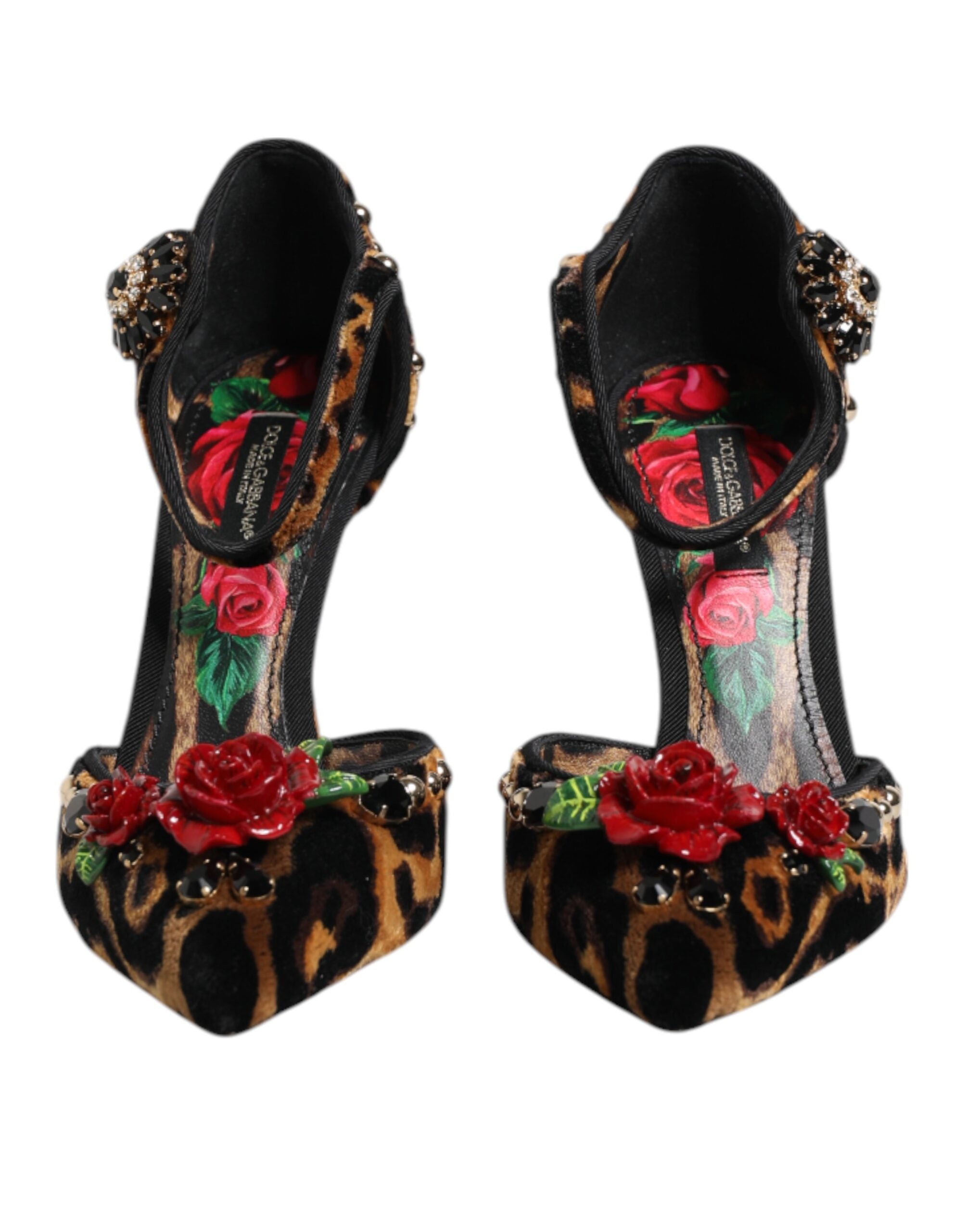 Brown Leopard Crystal Roses Pumps Shoes - ventzia