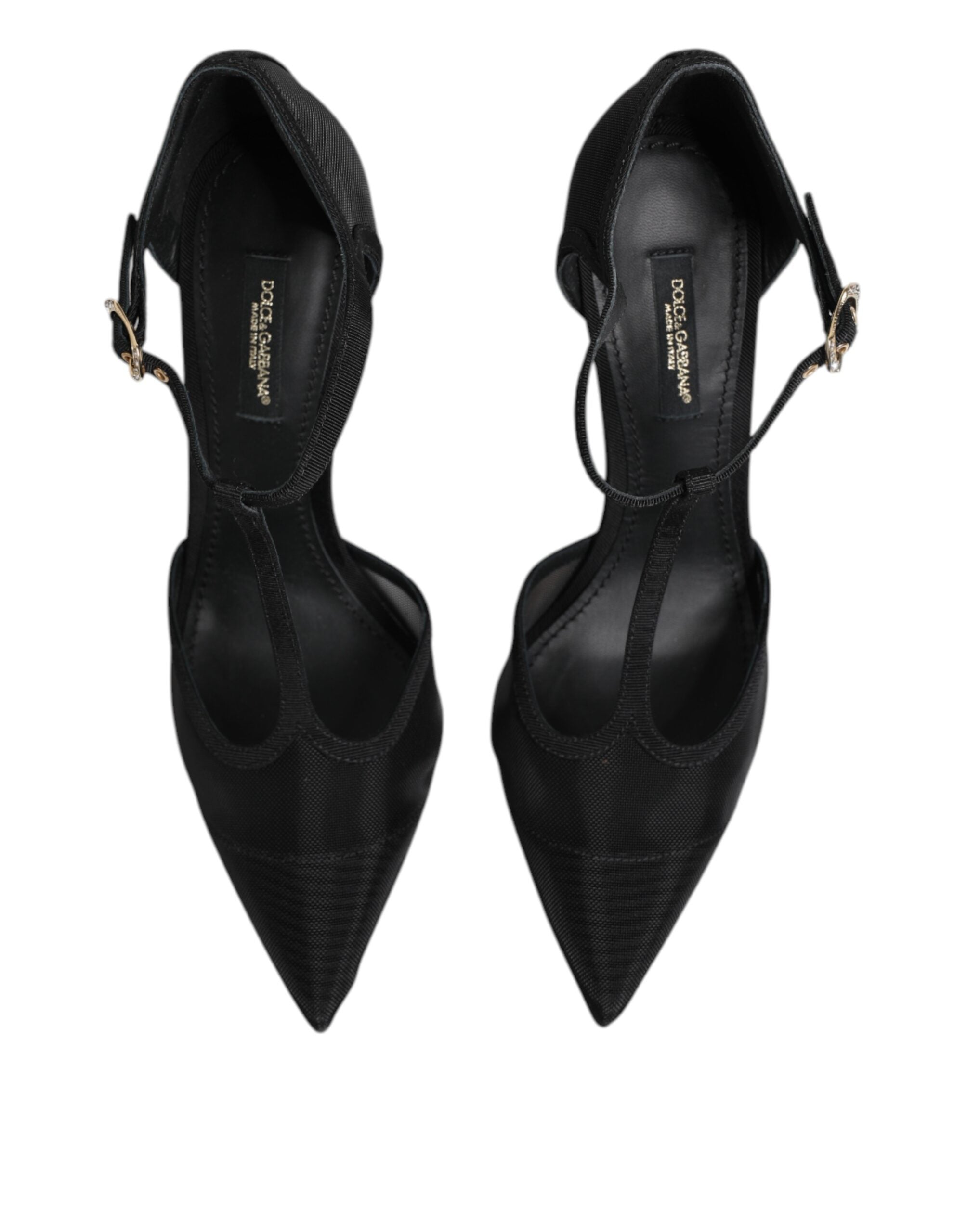 Black Mesh T-strap Stiletto High Heels Shoes - ventzia