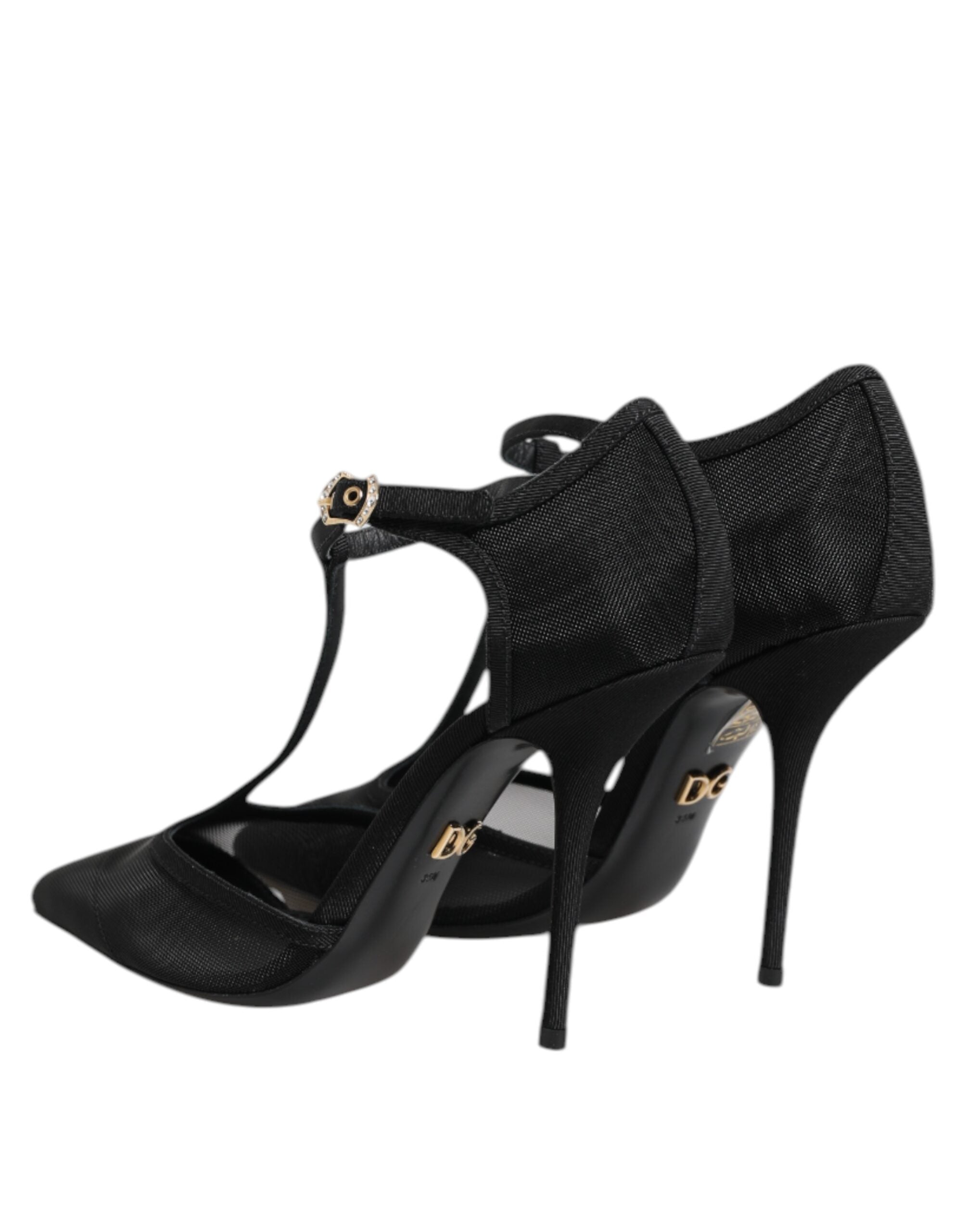 Black Mesh T-strap Stiletto High Heels Shoes - ventzia
