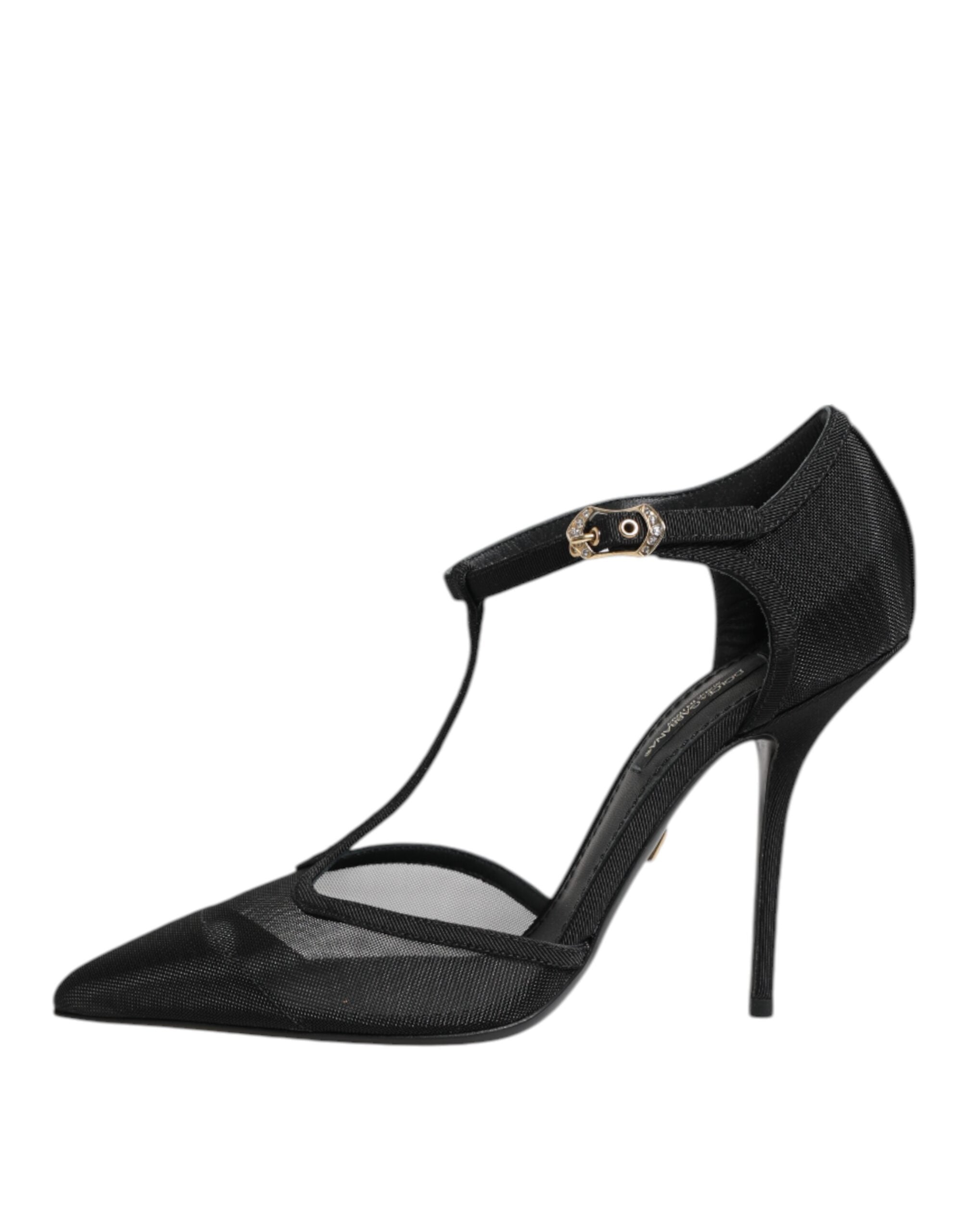 Black Mesh T-strap Stiletto High Heels Shoes - ventzia
