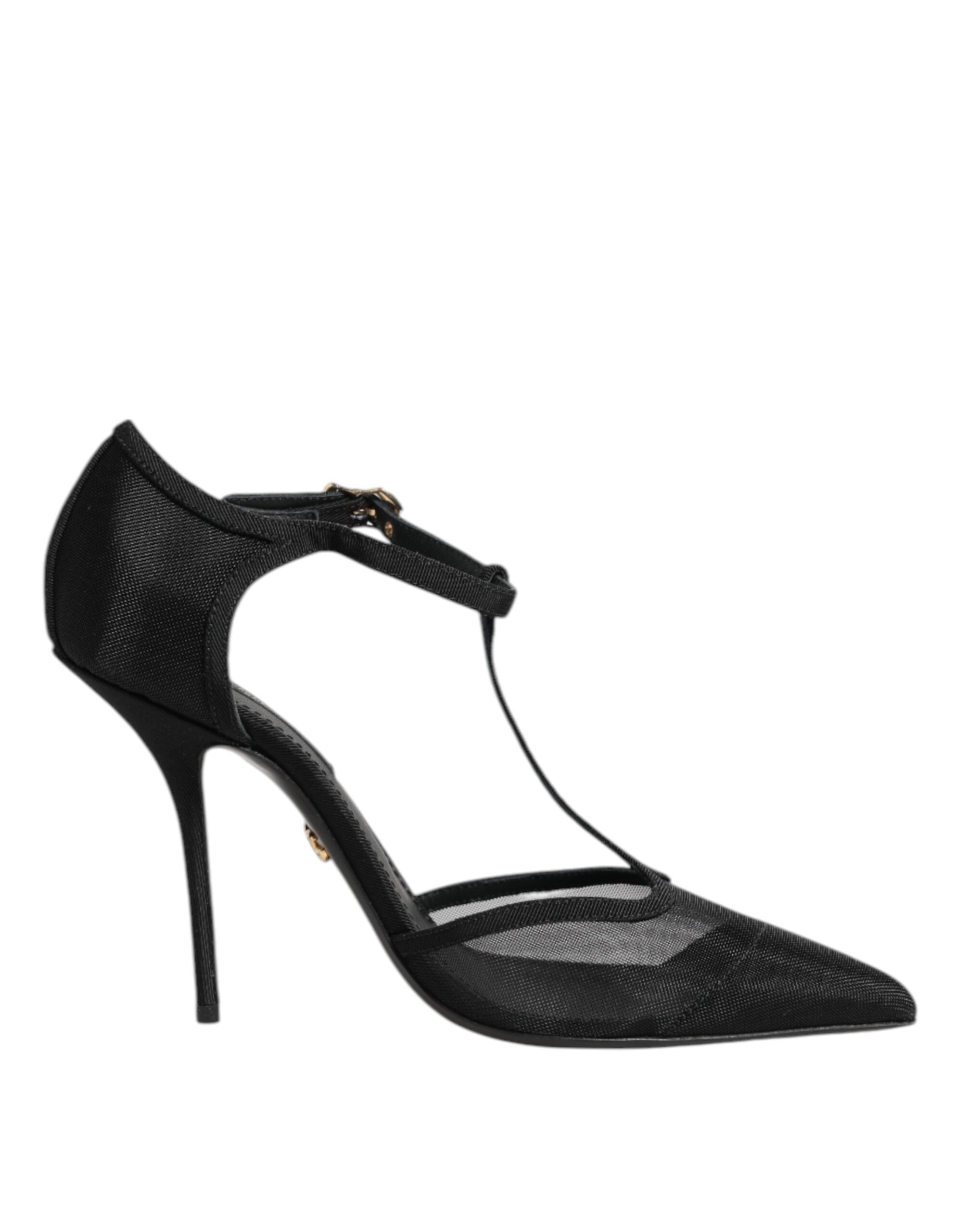 Black Mesh T-strap Stiletto High Heels Shoes - ventzia