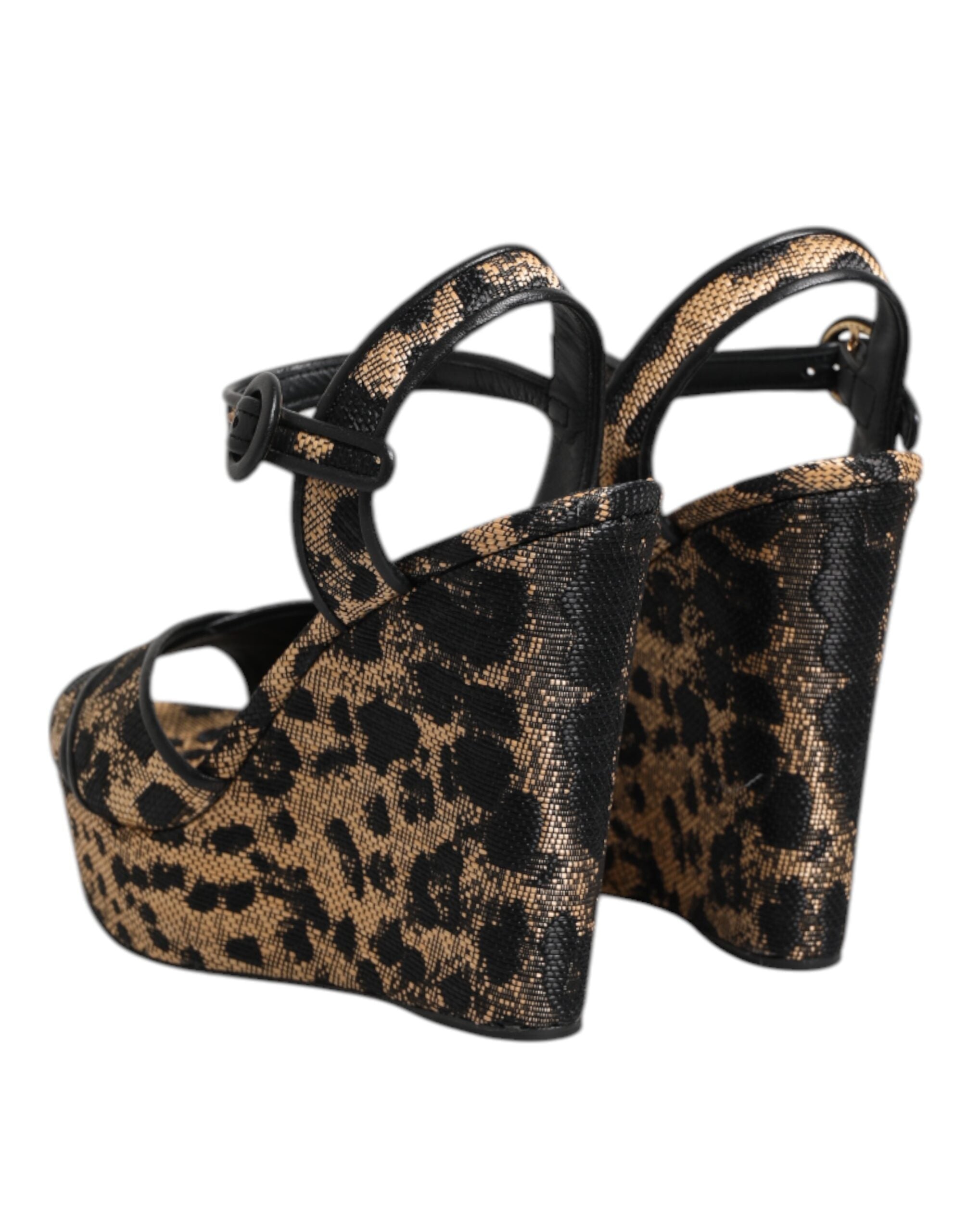 Brown Leopard Wedges Ankle Strap Sandals Shoes - ventzia