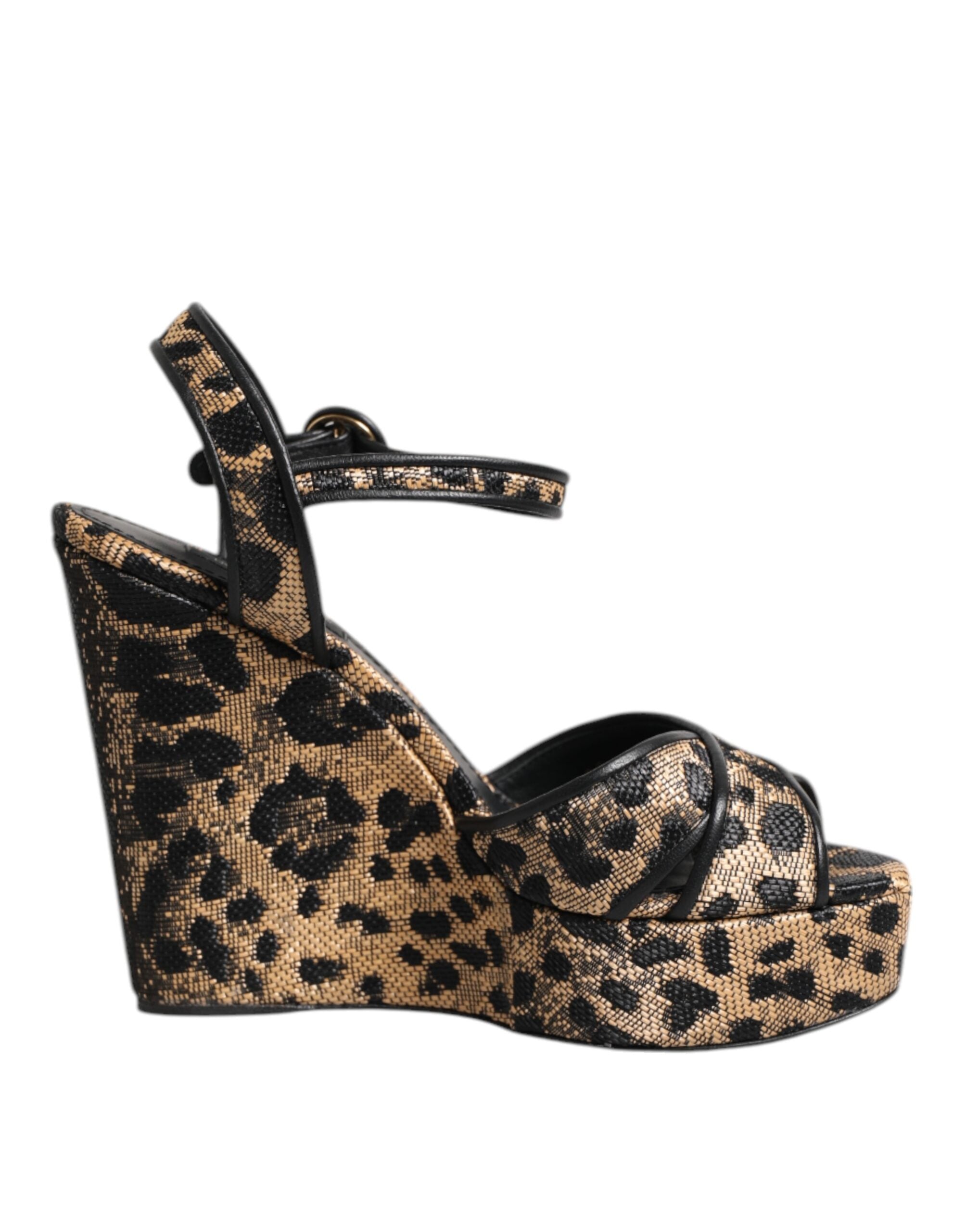 Brown Leopard Wedges Ankle Strap Sandals Shoes - ventzia