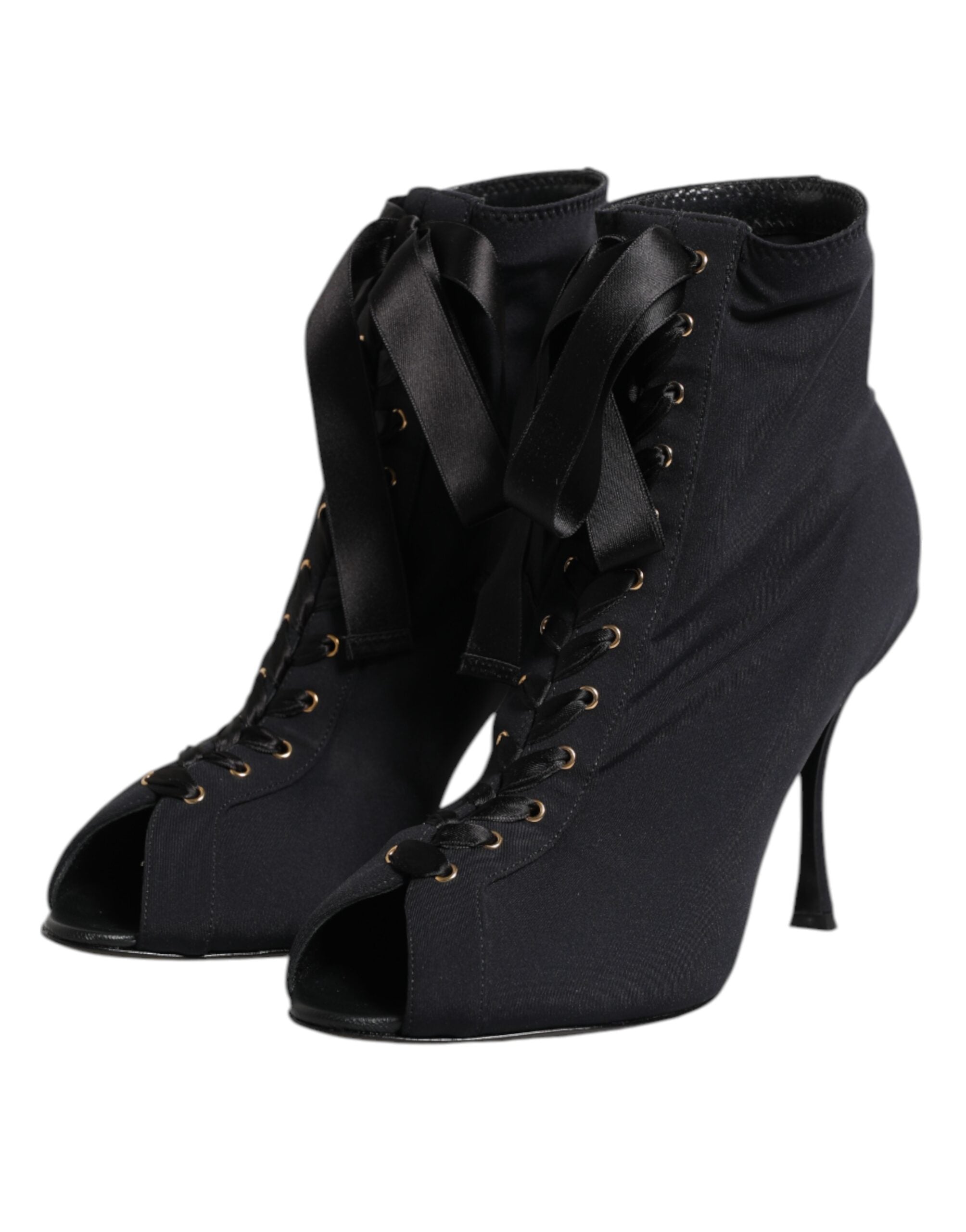Black Stiletto Heels Lace Up Boots Shoes - ventzia
