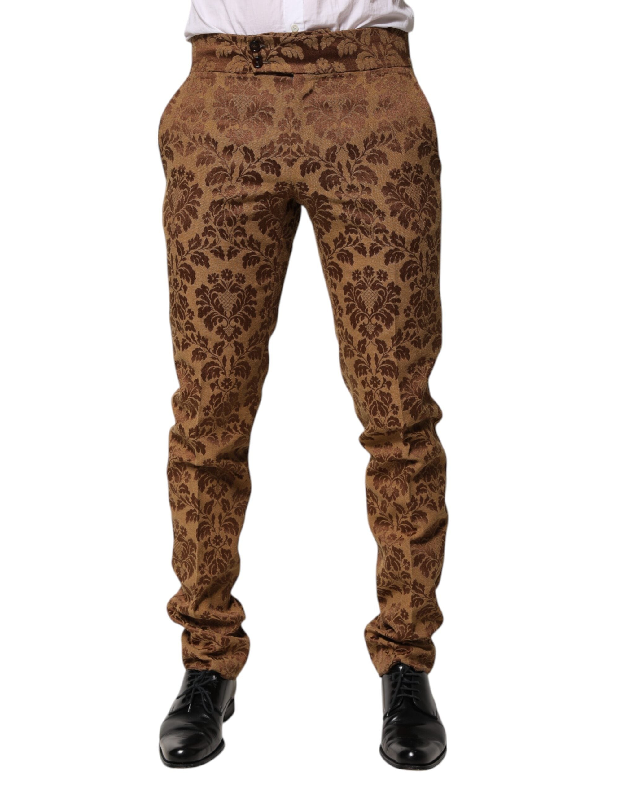Brown Floral Jacquard Men Skinny Trouser Pants - ventzia