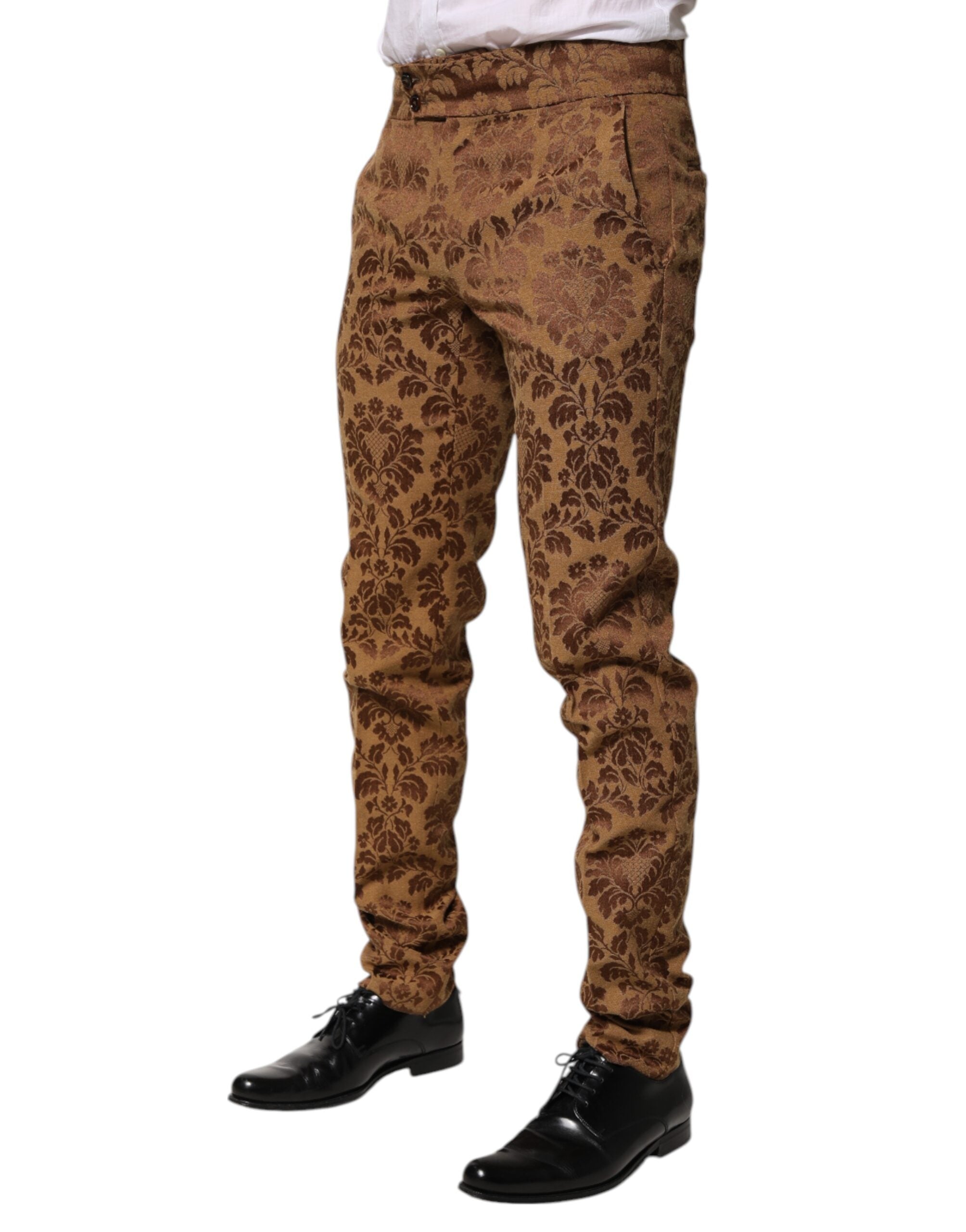 Brown Floral Jacquard Men Skinny Trouser Pants - ventzia