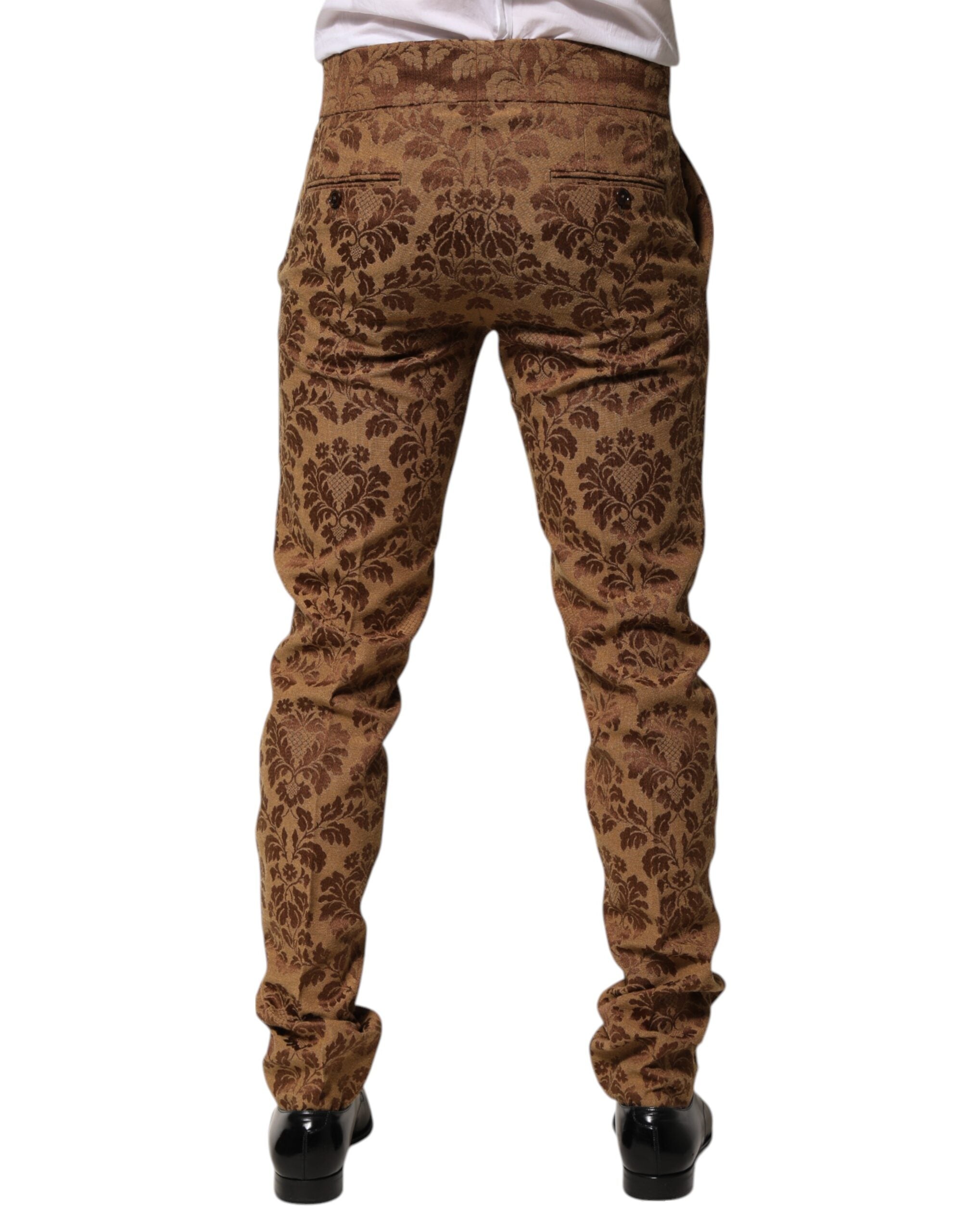 Brown Floral Jacquard Men Skinny Trouser Pants - ventzia