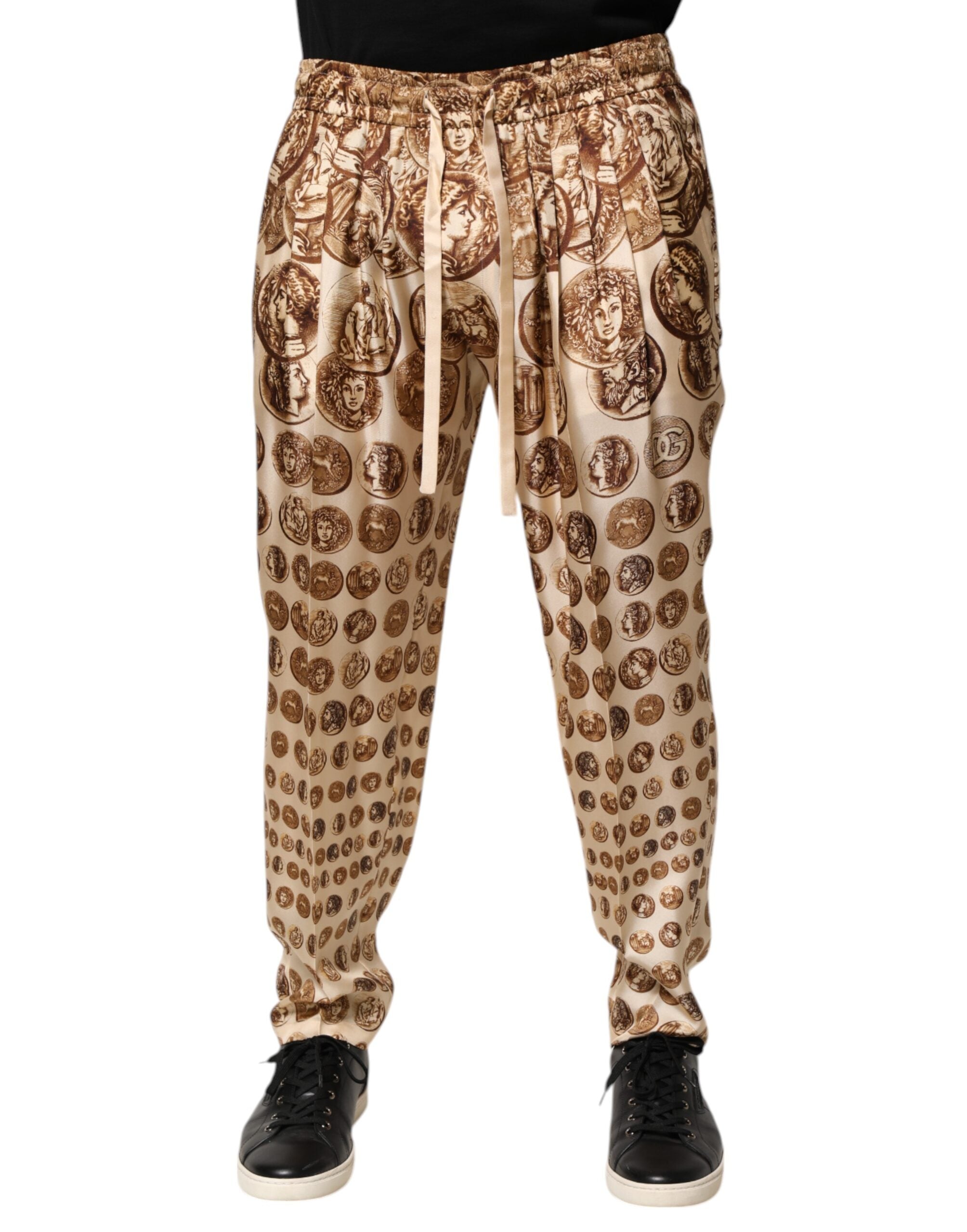 Beige Coin Print Silk Twill Men Jogger Pants - ventzia