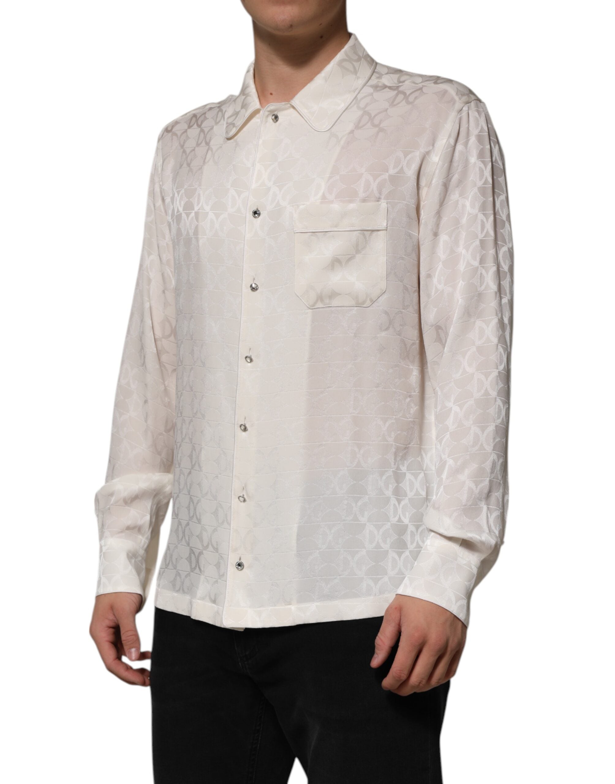 White Silk DG Logo Print Long Sleeves Shirt - ventzia