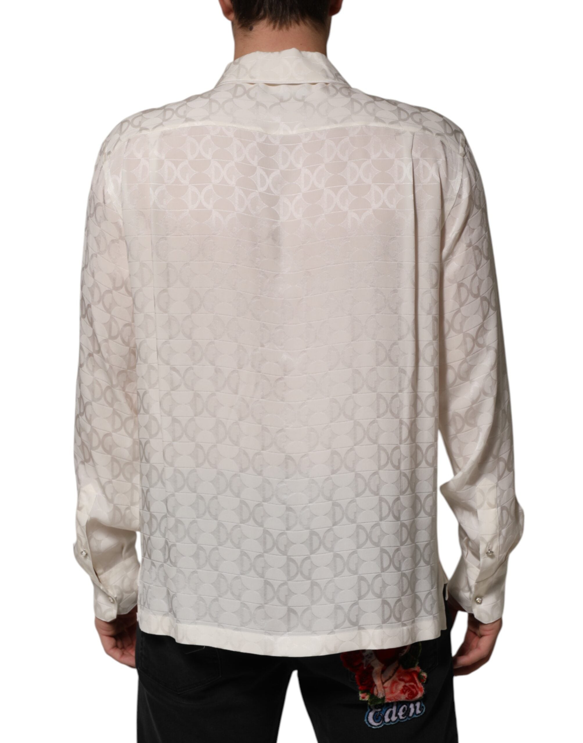 White Silk DG Logo Print Long Sleeves Shirt - ventzia
