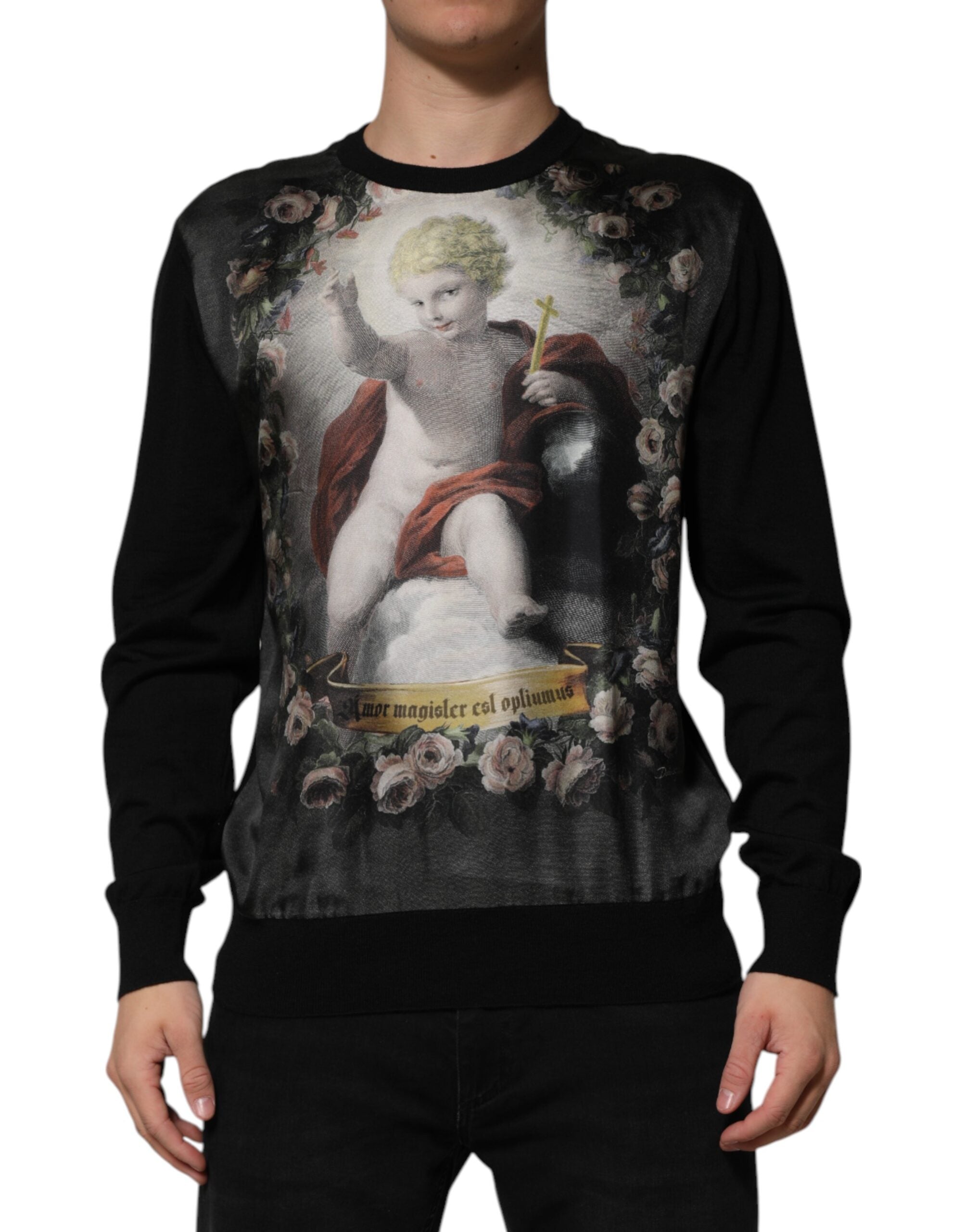 Black Cashmere Cherub Print Baroque Sweater - ventzia
