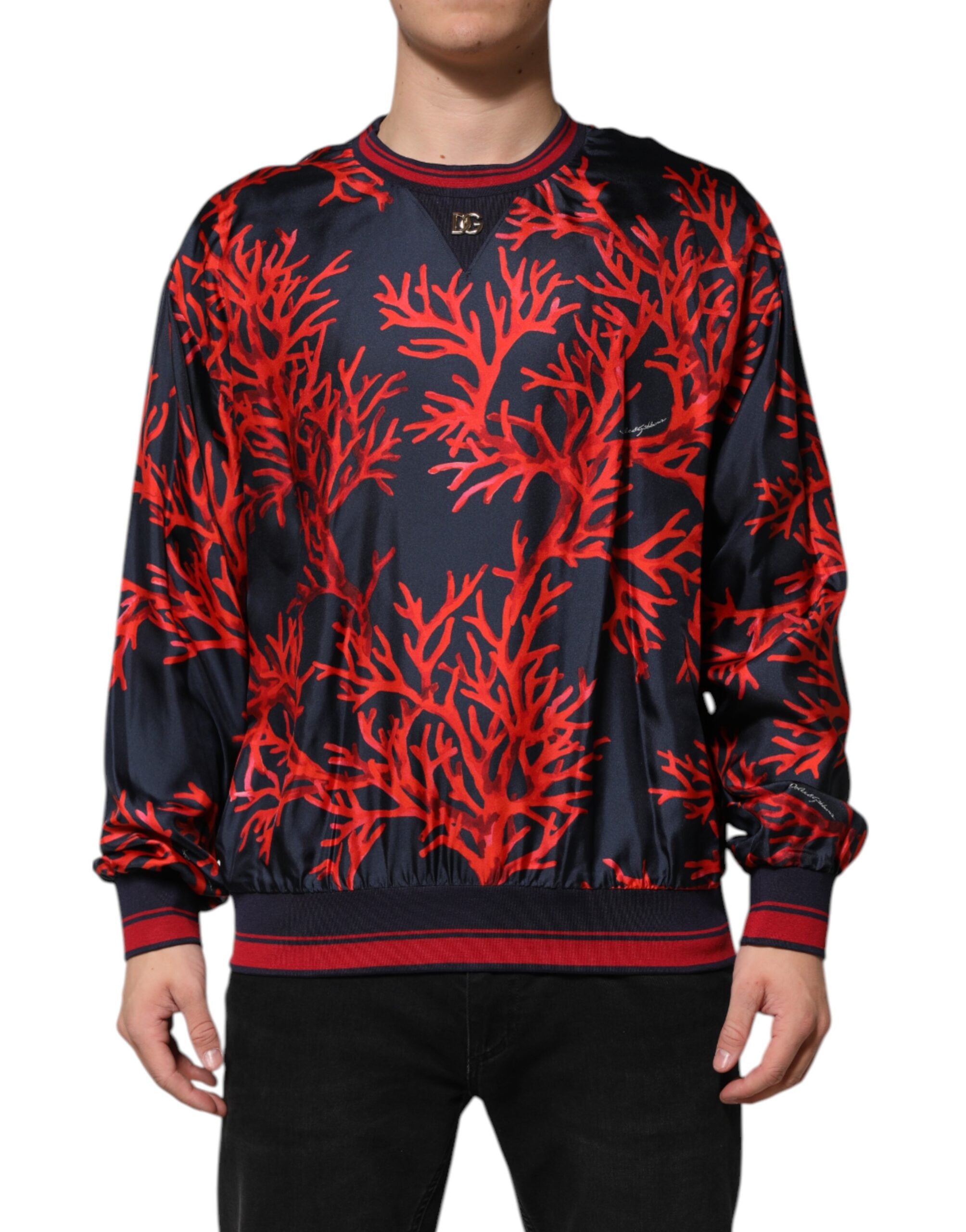 Navy Red Silk Coral Print Pullover Sweater - ventzia