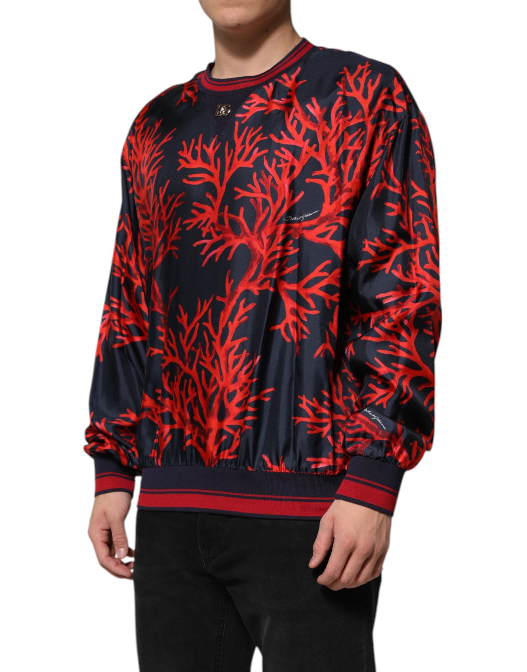 Navy Red Silk Coral Print Pullover Sweater - ventzia