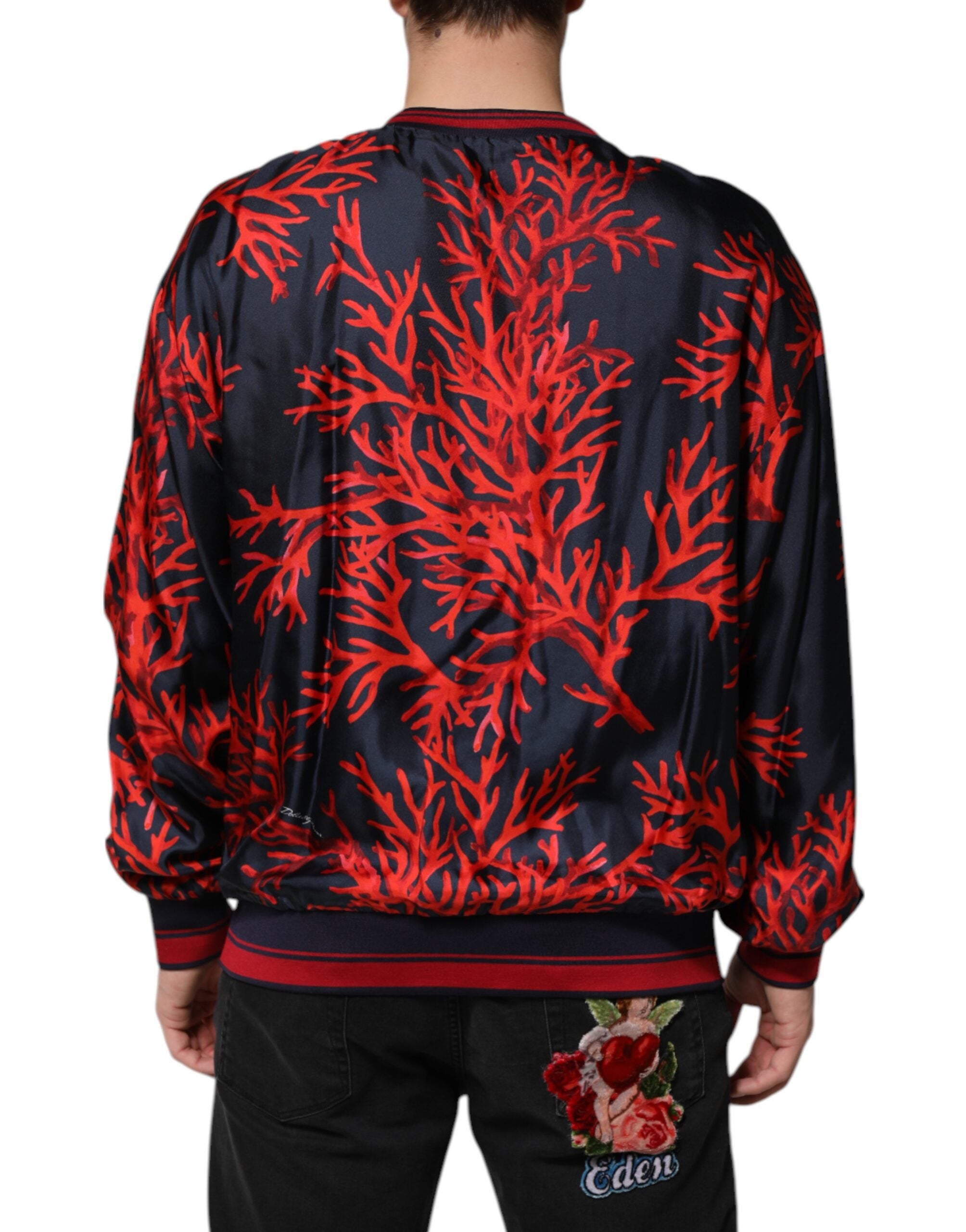 Navy Red Silk Coral Print Pullover Sweater - ventzia