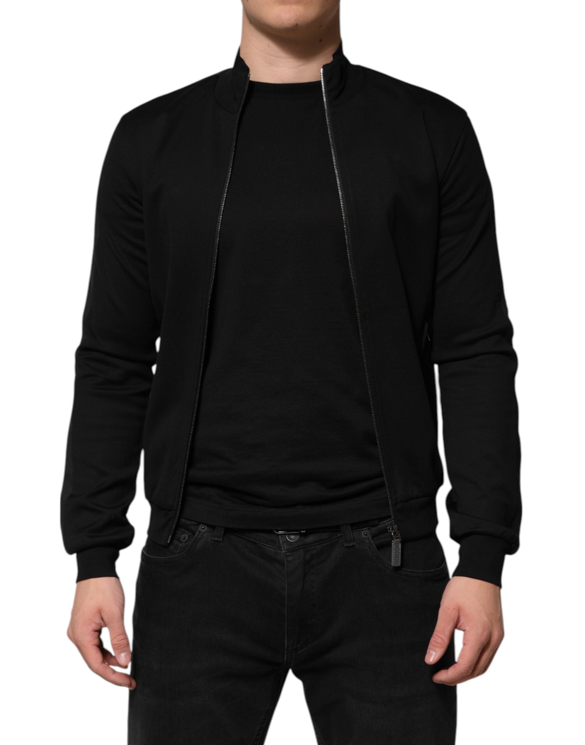 Black Cotton Logo Full Zip Men Bomber Jacket - ventzia