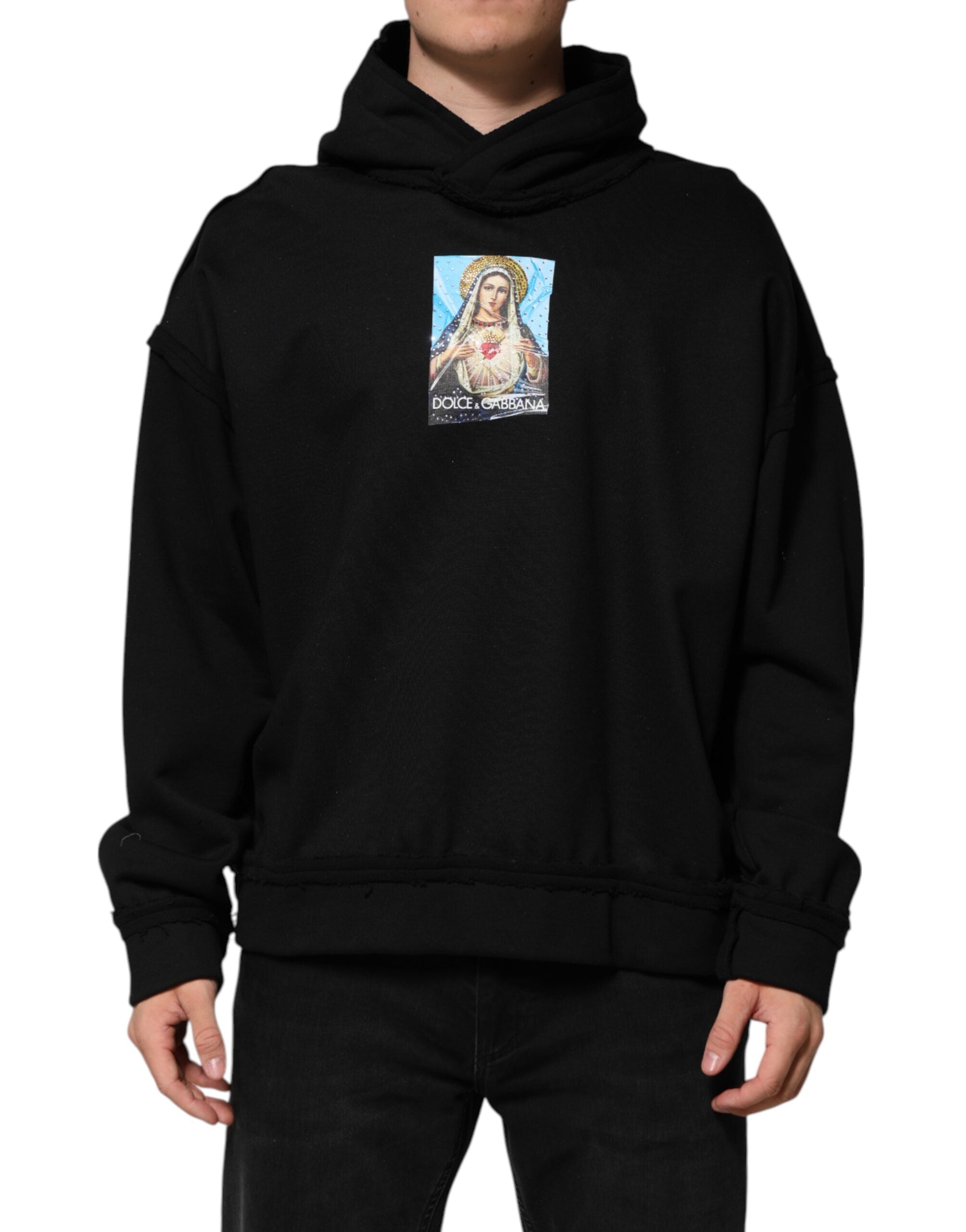 Black Printed Hoodie Crystal Embellished Jacket - ventzia