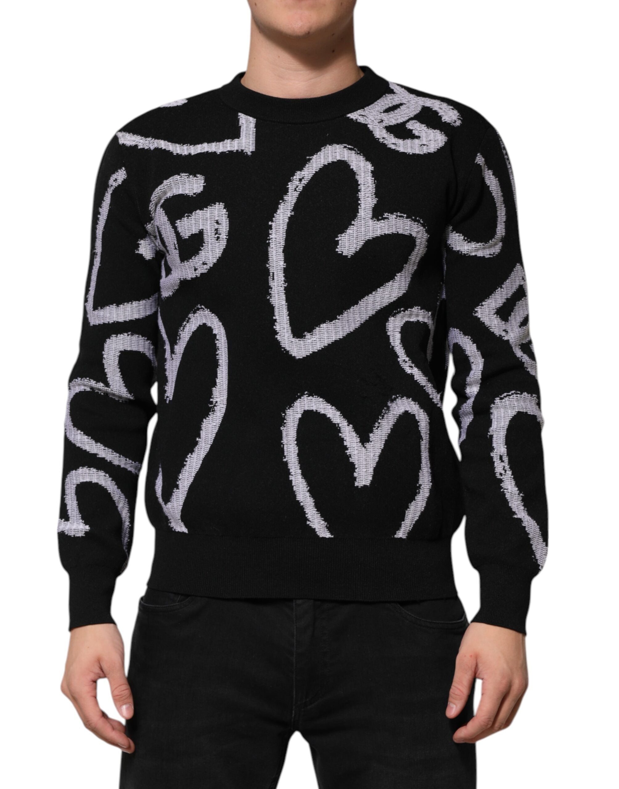 Black Nylon Wool Heart Print Pullover Sweater - ventzia