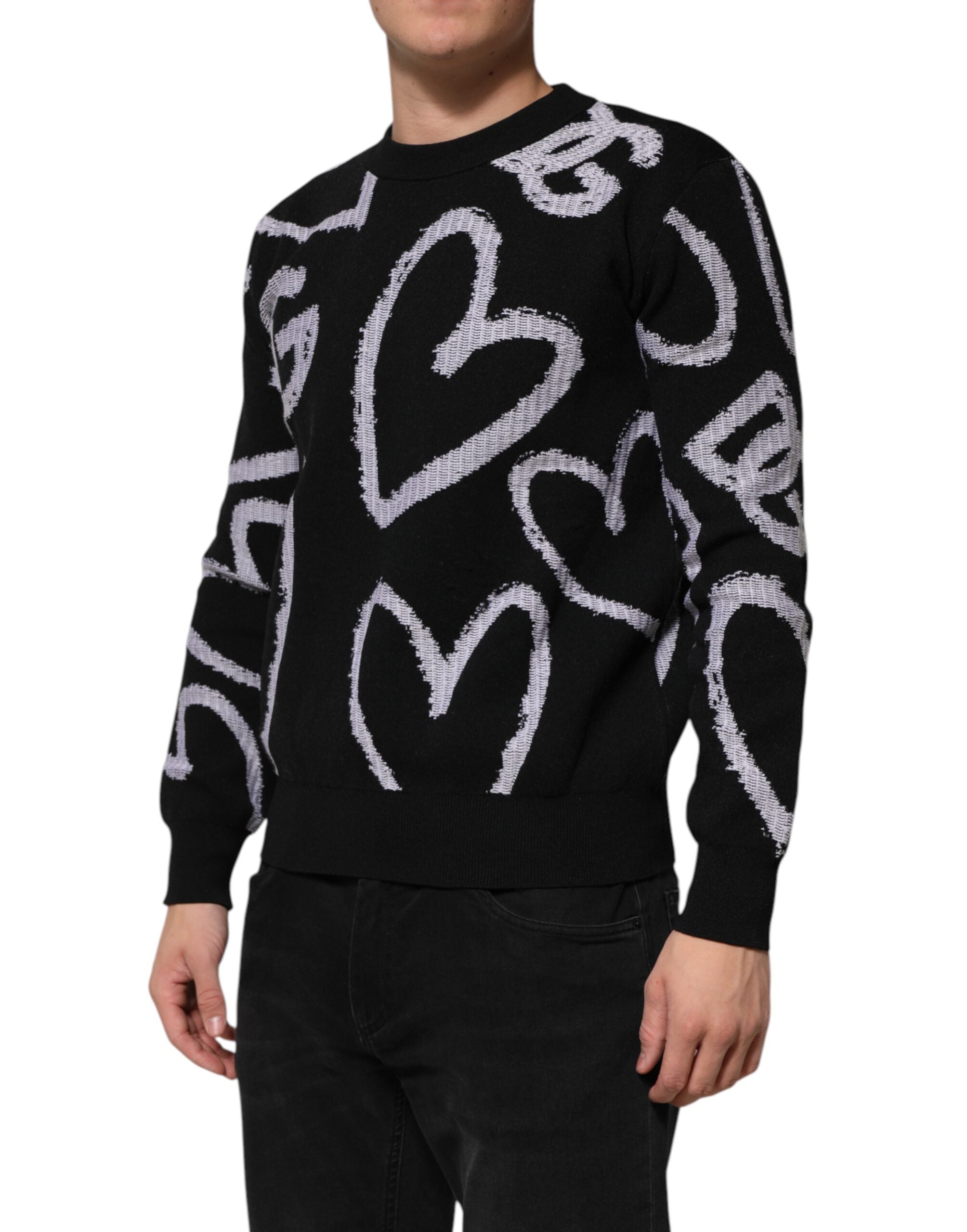 Black Nylon Wool Heart Print Pullover Sweater - ventzia