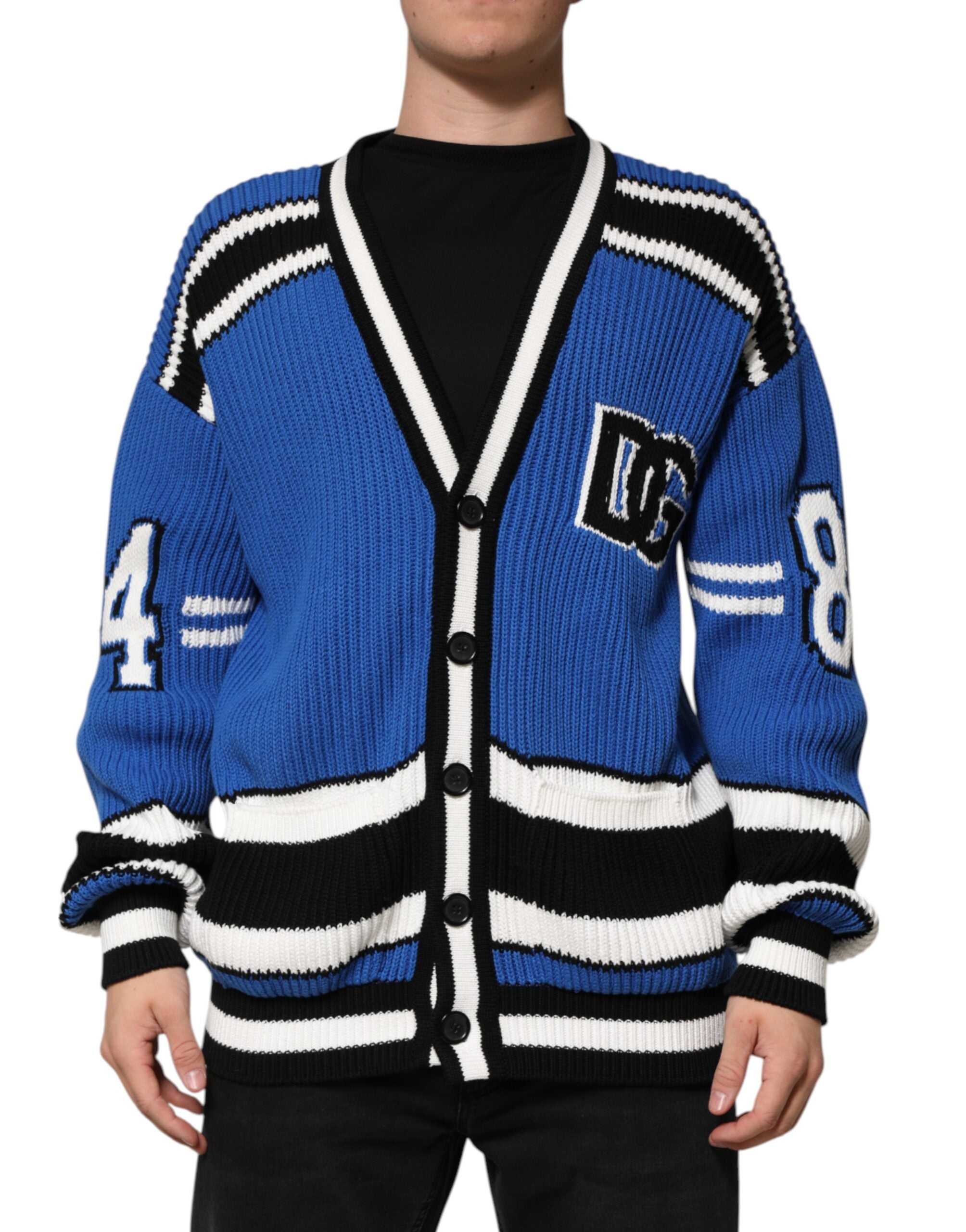 Blue Cotton Logo Patch Ribbed Knit Cardigan Sweater - ventzia