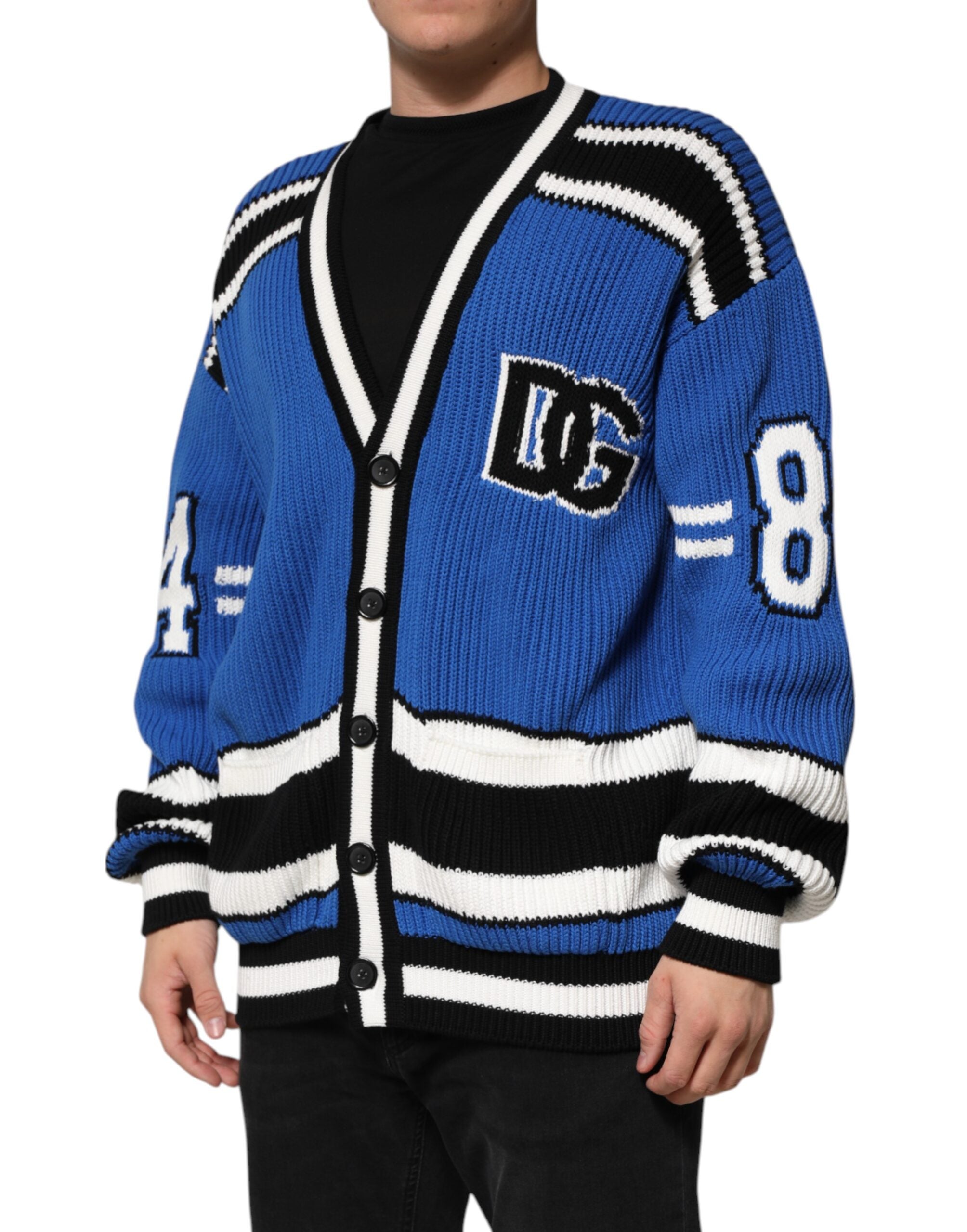 Blue Cotton Logo Patch Ribbed Knit Cardigan Sweater - ventzia