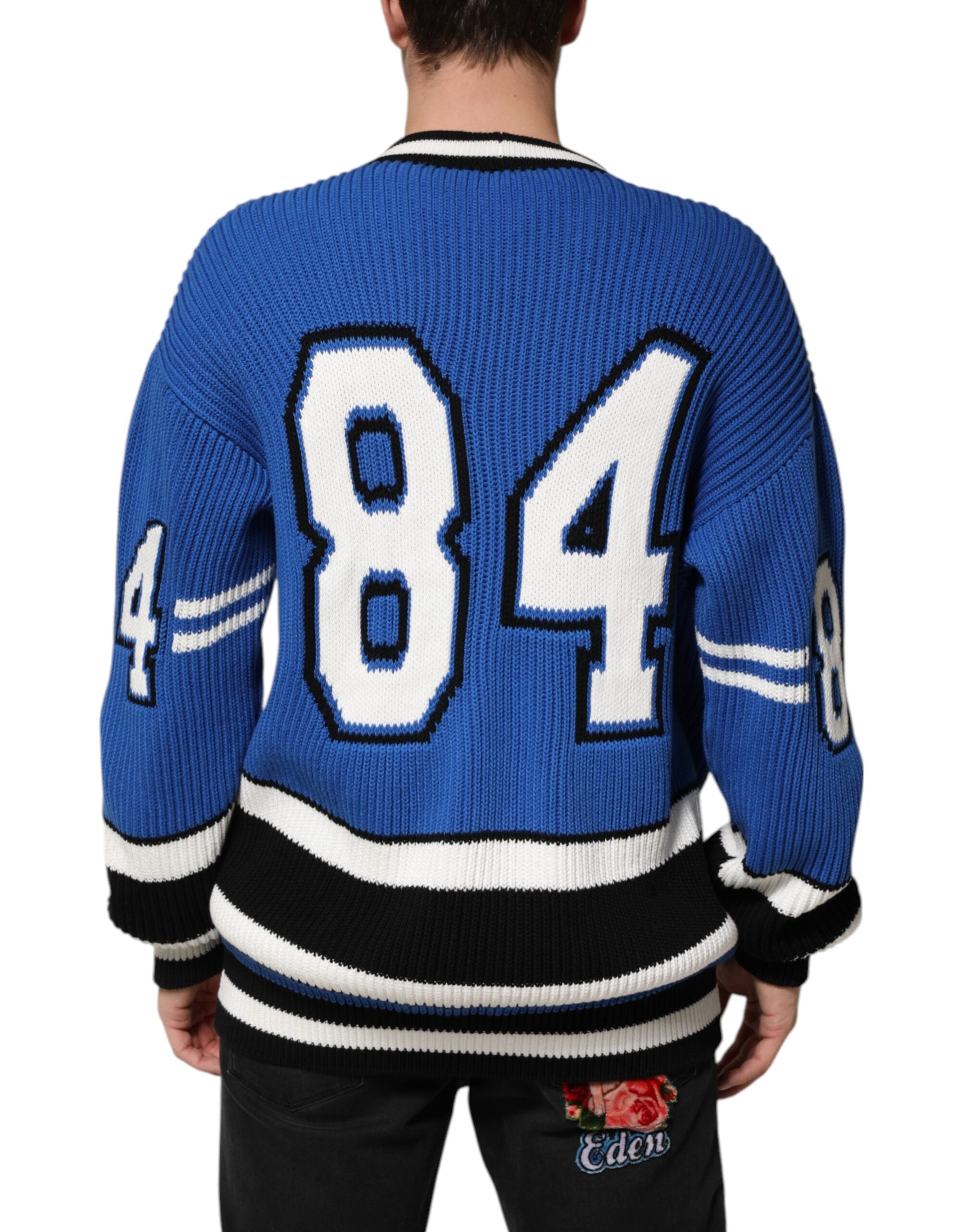 Blue Cotton Logo Patch Ribbed Knit Cardigan Sweater - ventzia