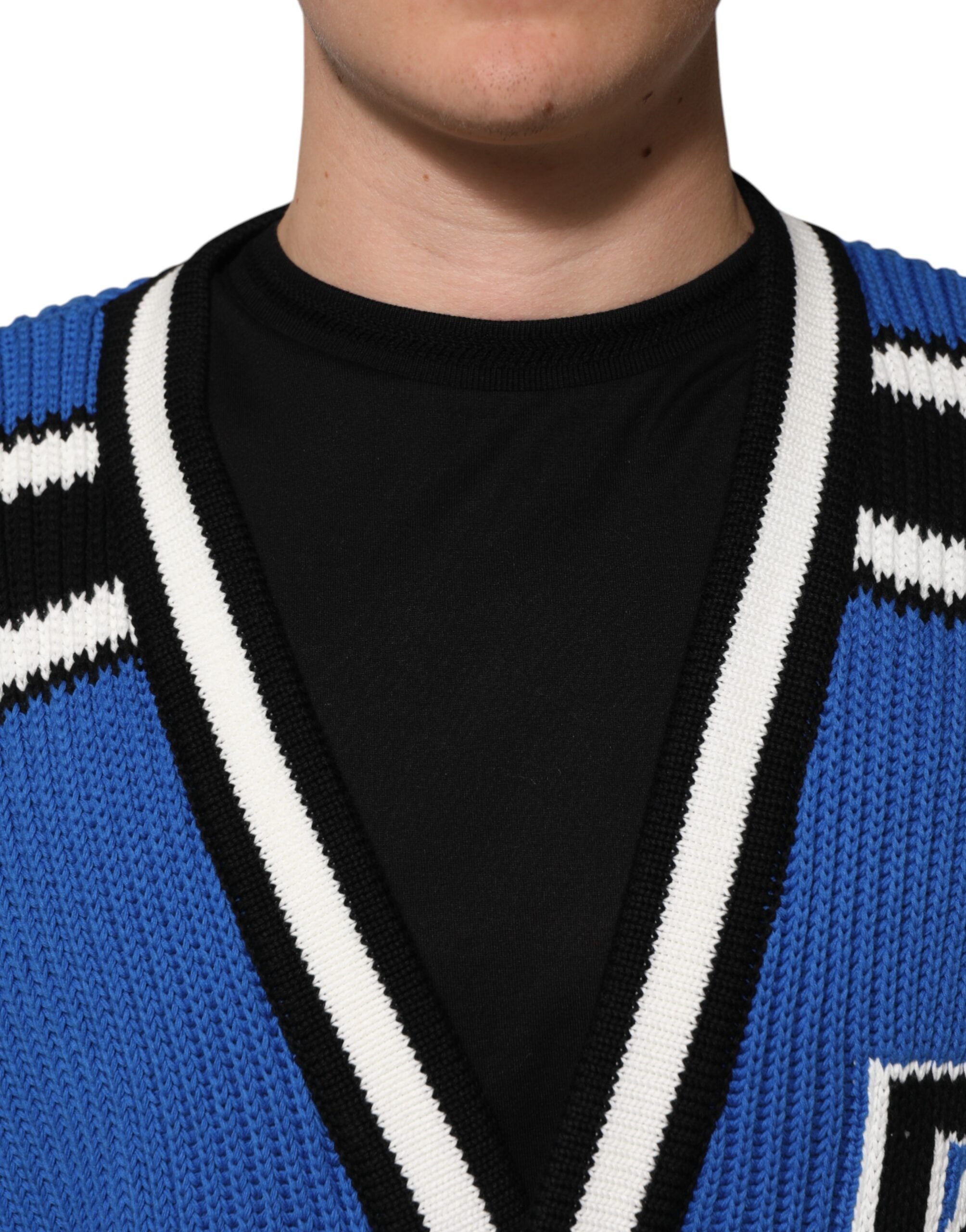 Blue Cotton Logo Patch Ribbed Knit Cardigan Sweater - ventzia