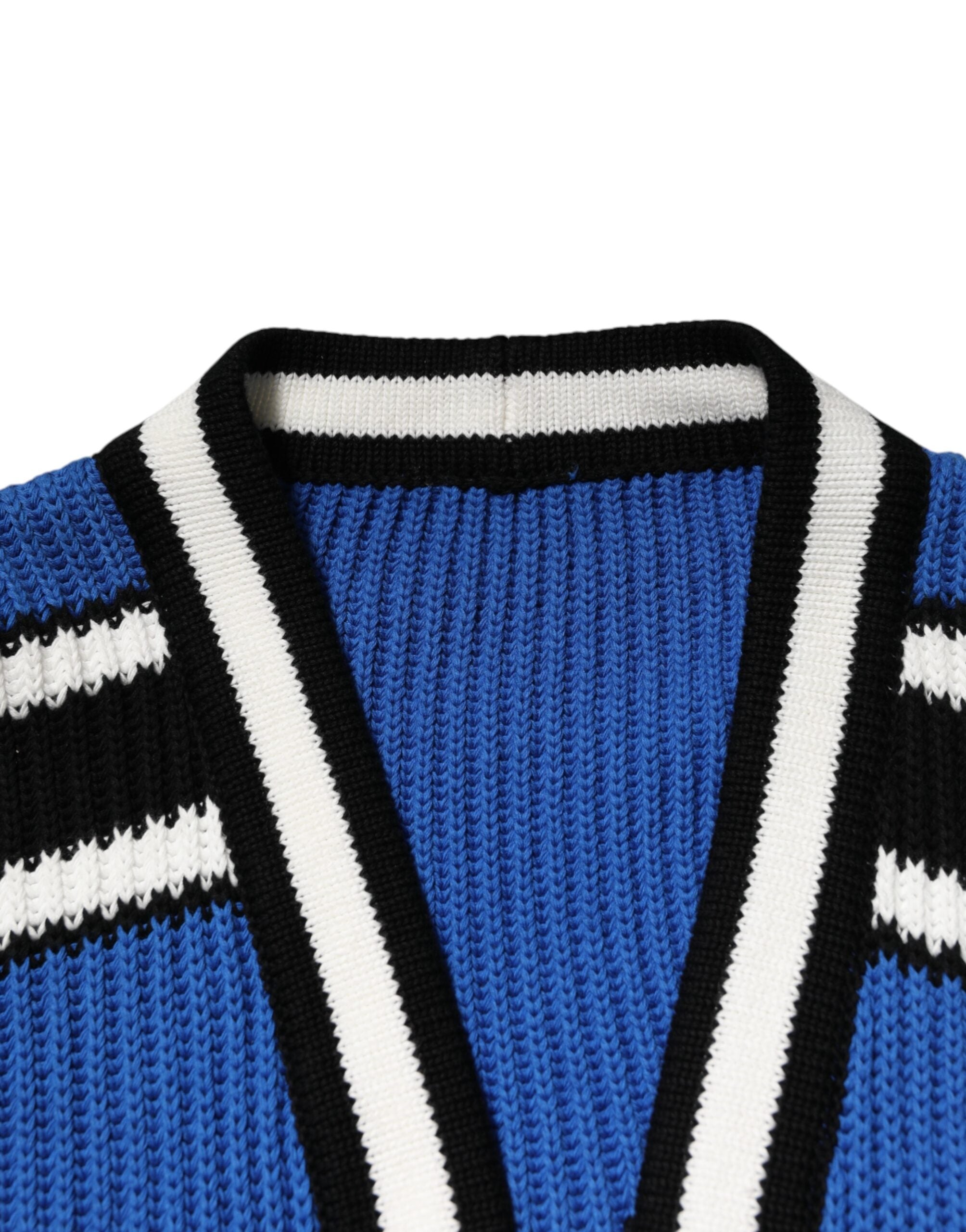 Blue Cotton Logo Patch Ribbed Knit Cardigan Sweater - ventzia