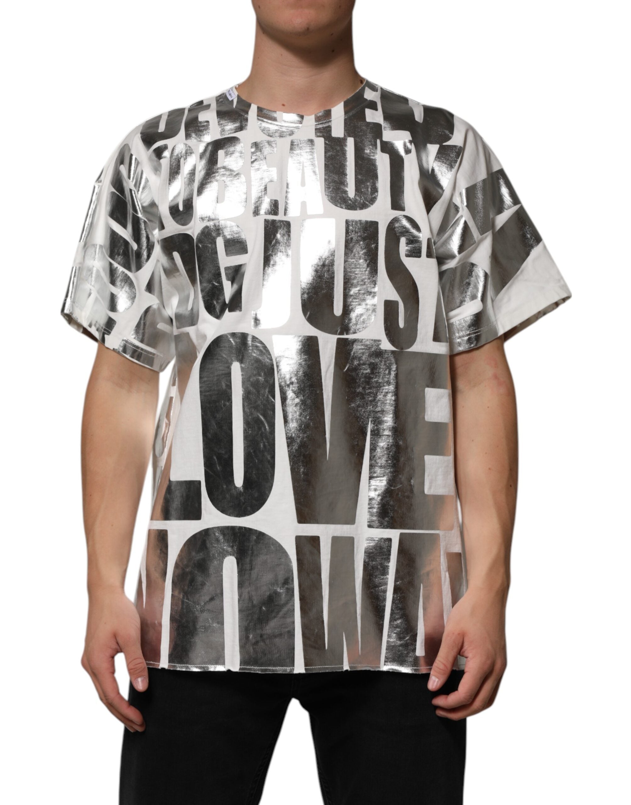 White Cotton Silver Metallic Slogan Print T-shirt - ventzia