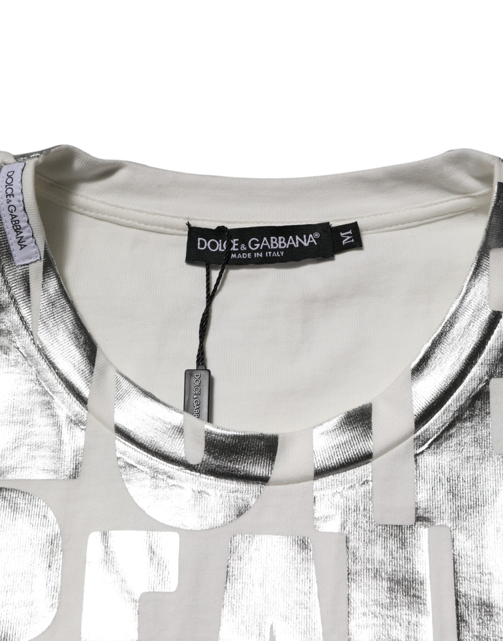 White Cotton Silver Metallic Slogan Print T-shirt - ventzia