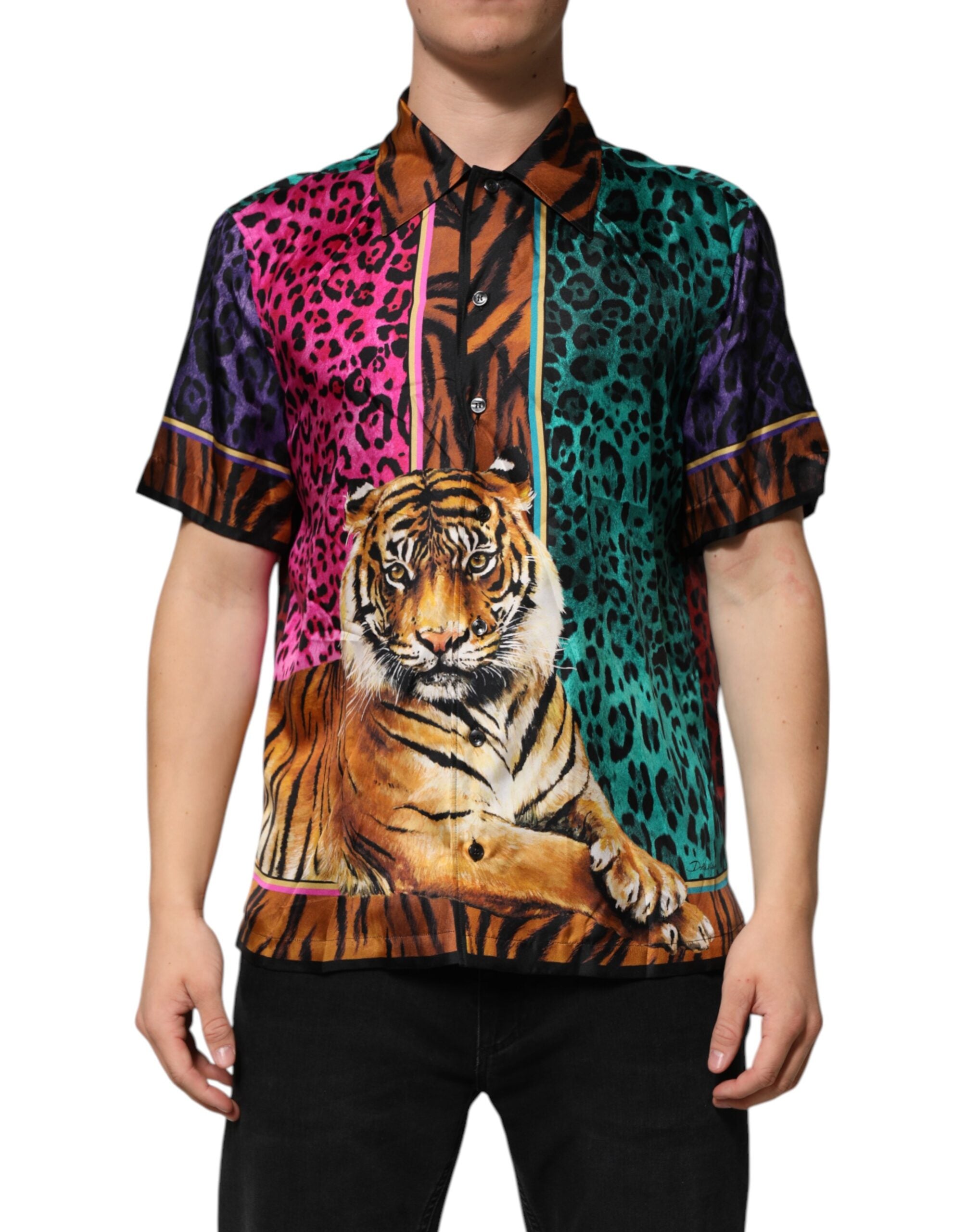Multicolor Silk Tiger Print Hawaiian T-shirt - ventzia