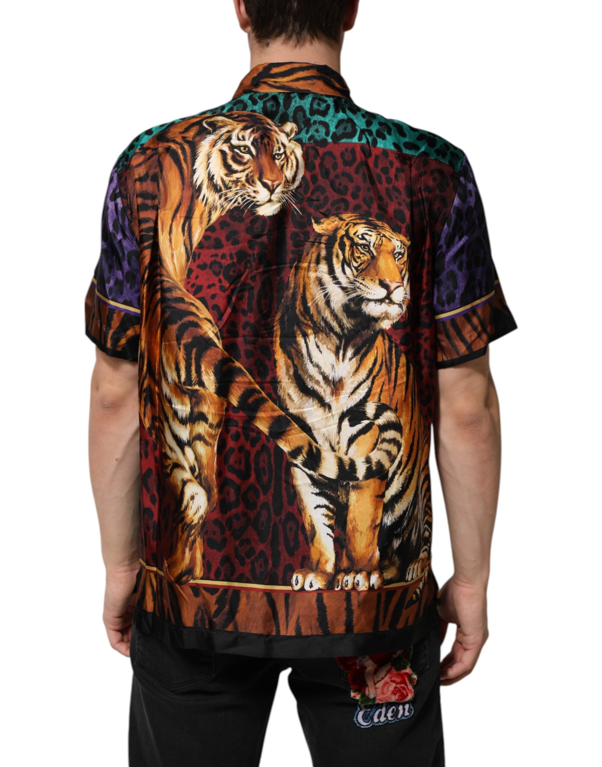 Multicolor Silk Tiger Print Hawaiian T-shirt - ventzia