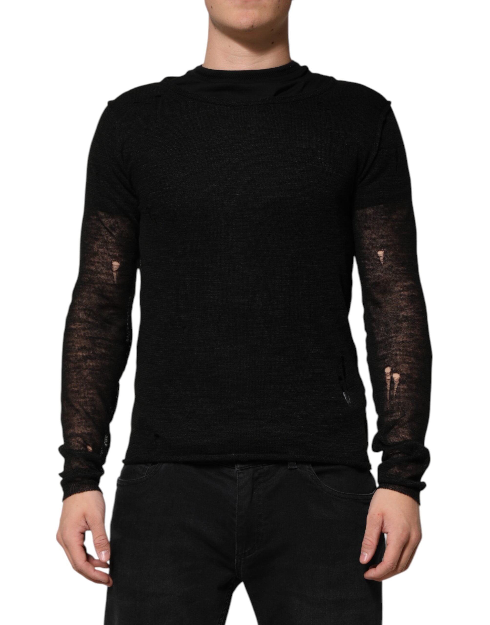 Black Linen Mesh Tattered Longsleeves T-shirt - ventzia