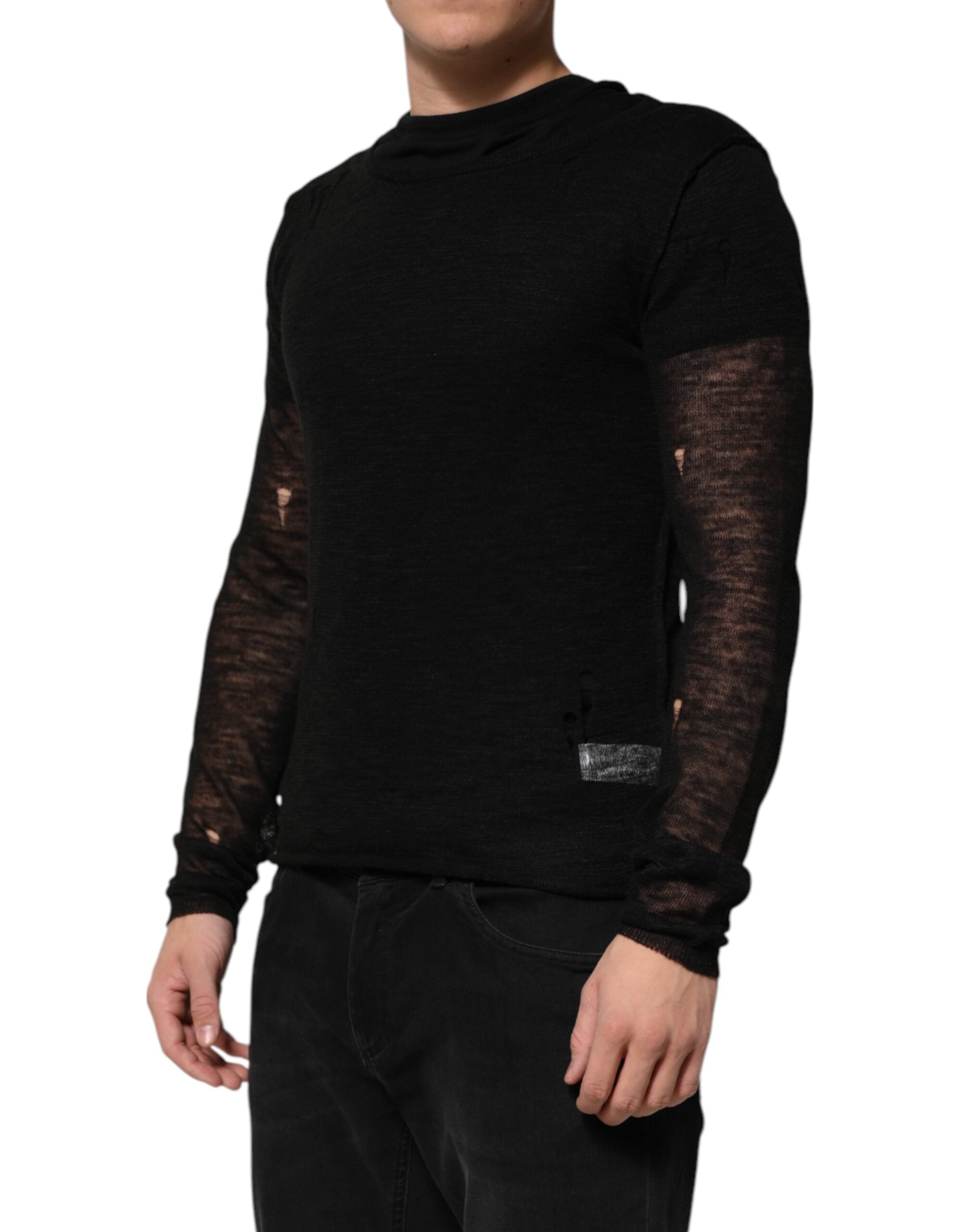 Black Linen Mesh Tattered Longsleeves T-shirt - ventzia